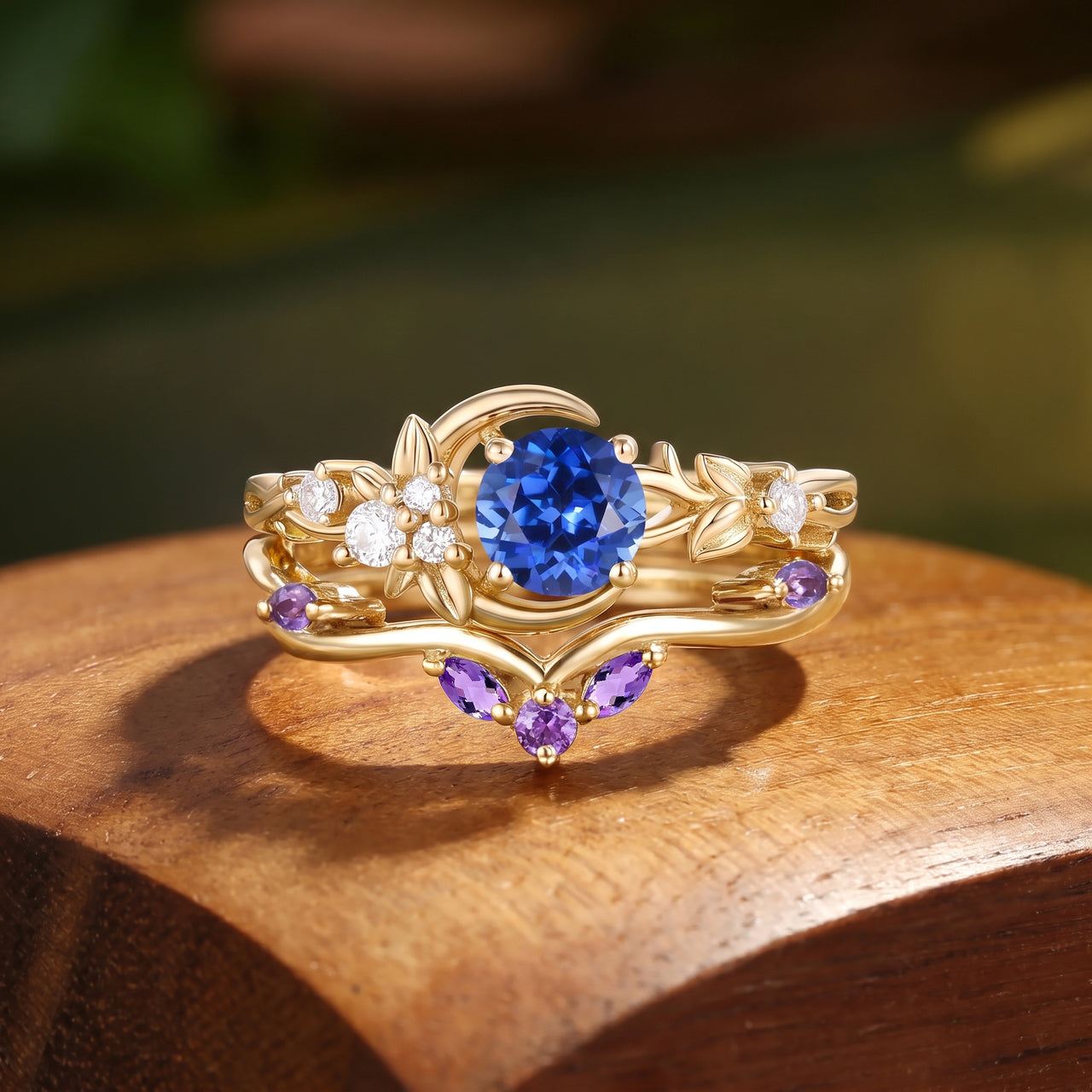 Moon & Flower Leaf Round Cut Sapphire Boho Engagement Ring Set 2pcs - Noreen