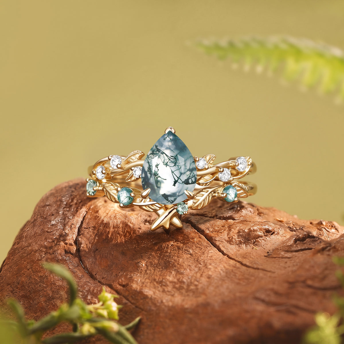 Clarissa - Pear Cut Moss Agate Leafy Bridal Set 2pcs