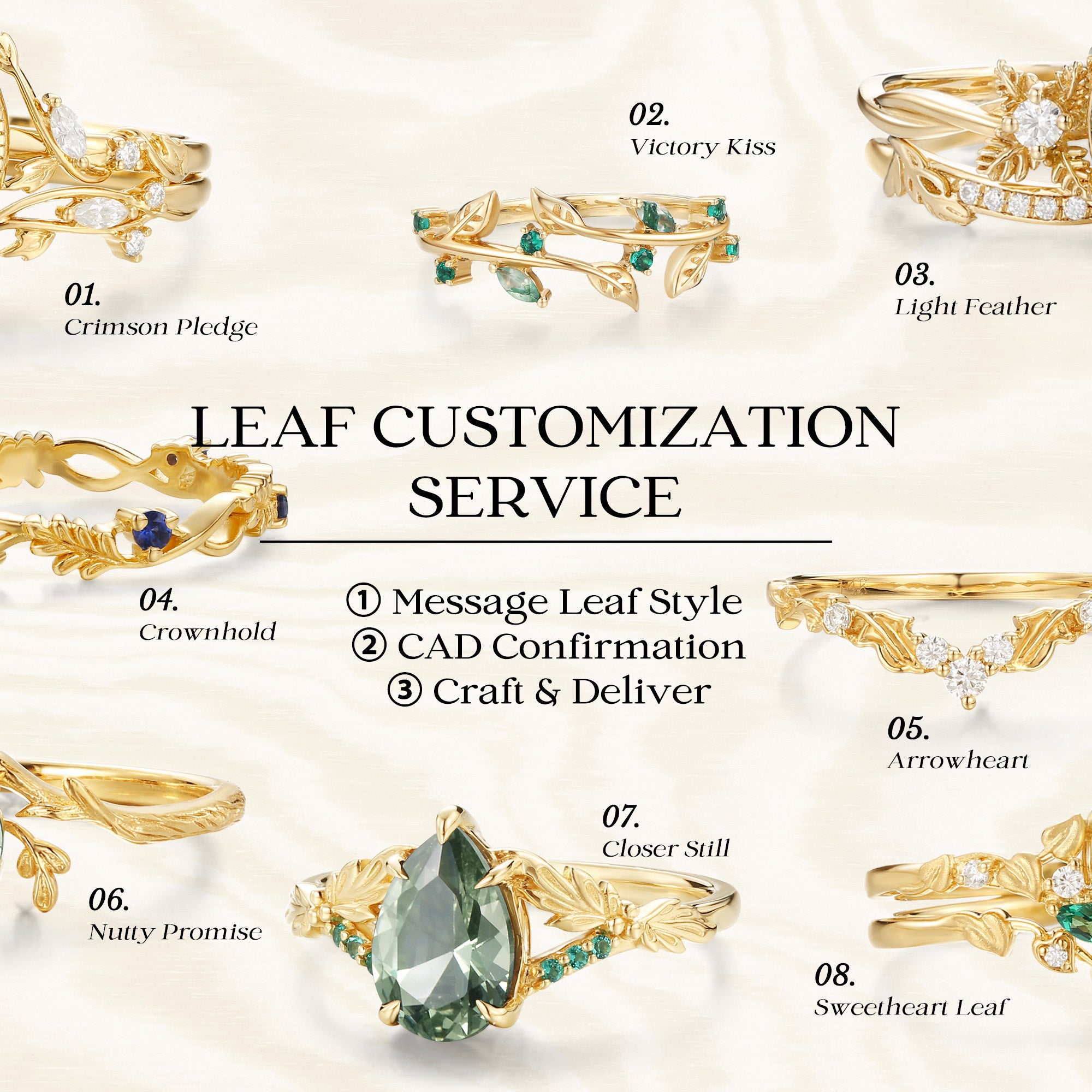 Eden - Oval Cut Lab Emerald Leaf Branch Engagement Ring Set 2pcs
