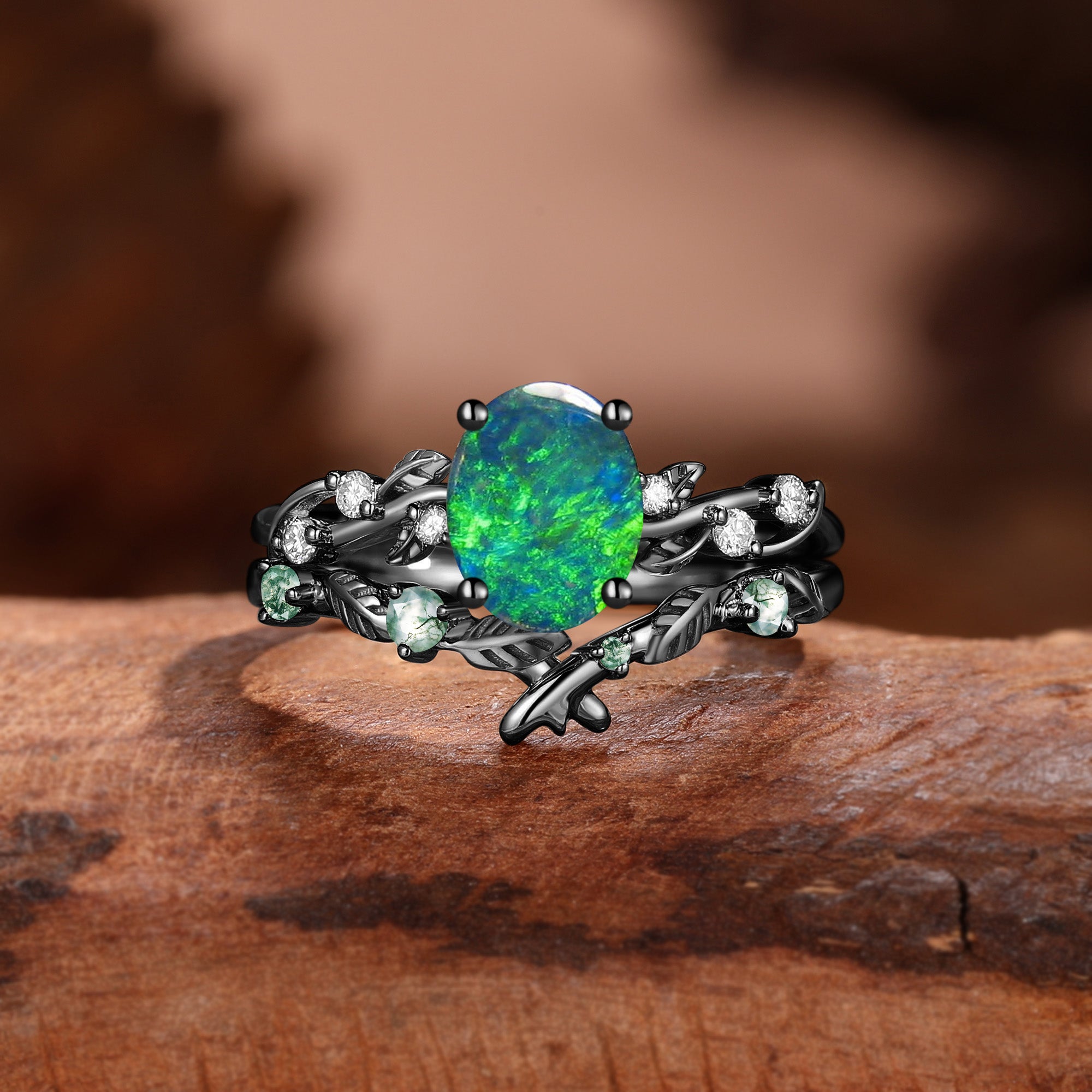 Oval Cut Lab Green Fire Opal Leafy Bridal Set 2pcs - Clarissa