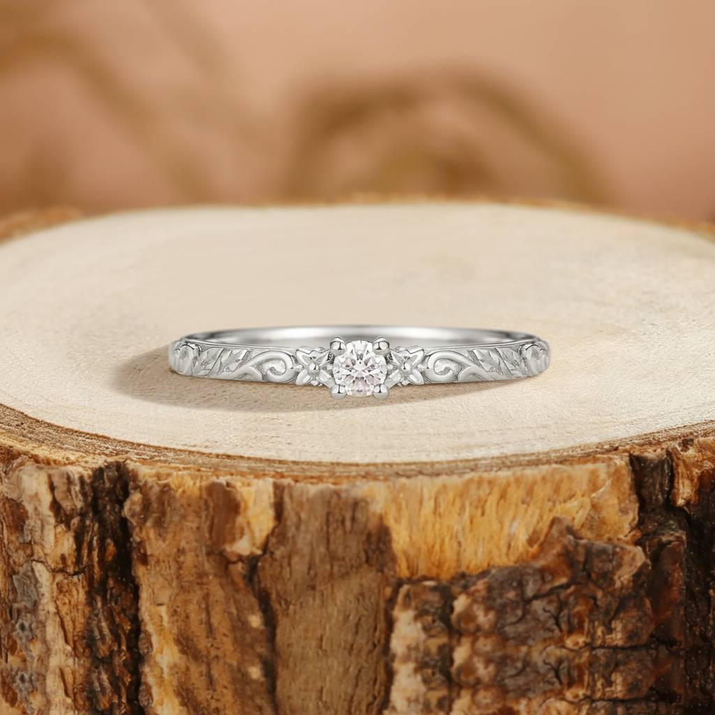 Nature Inspired Moissanite Engraved Floral Wedding Ring