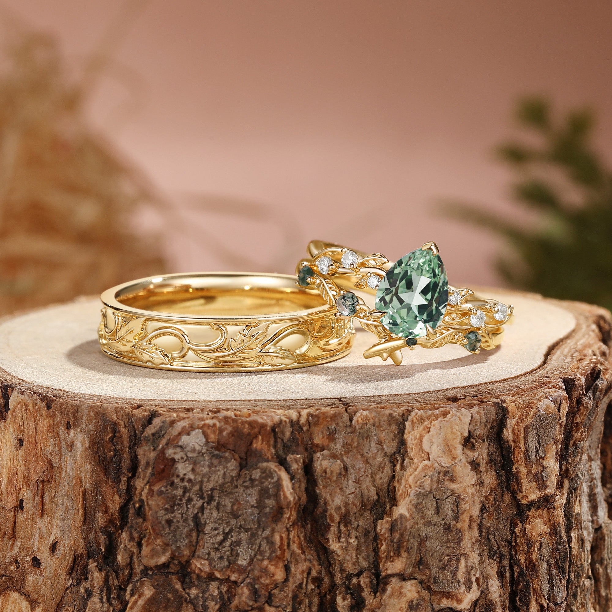 Leaves Inspired Lab Green Sapphire Pear Cut  Couple Ring Set - Clarissa