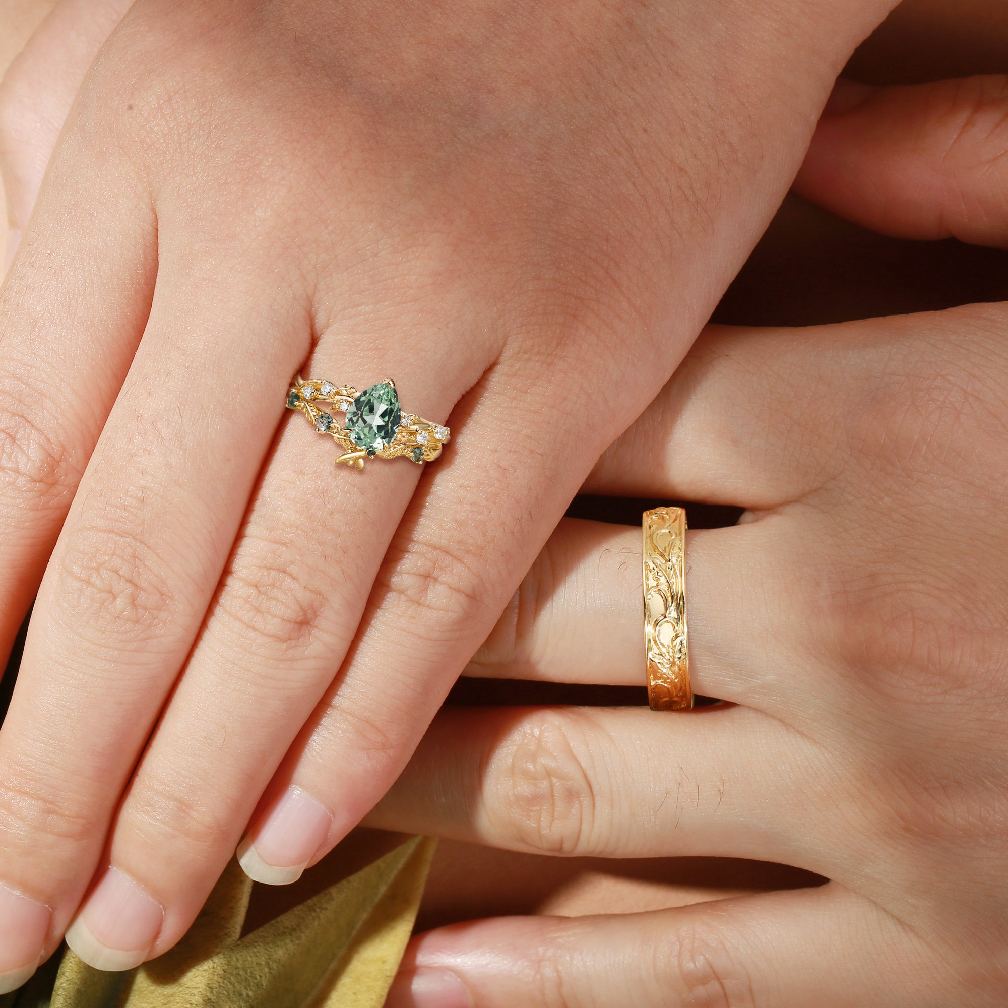 Leaves Inspired Lab Green Sapphire Pear Cut  Couple Ring Set - Clarissa