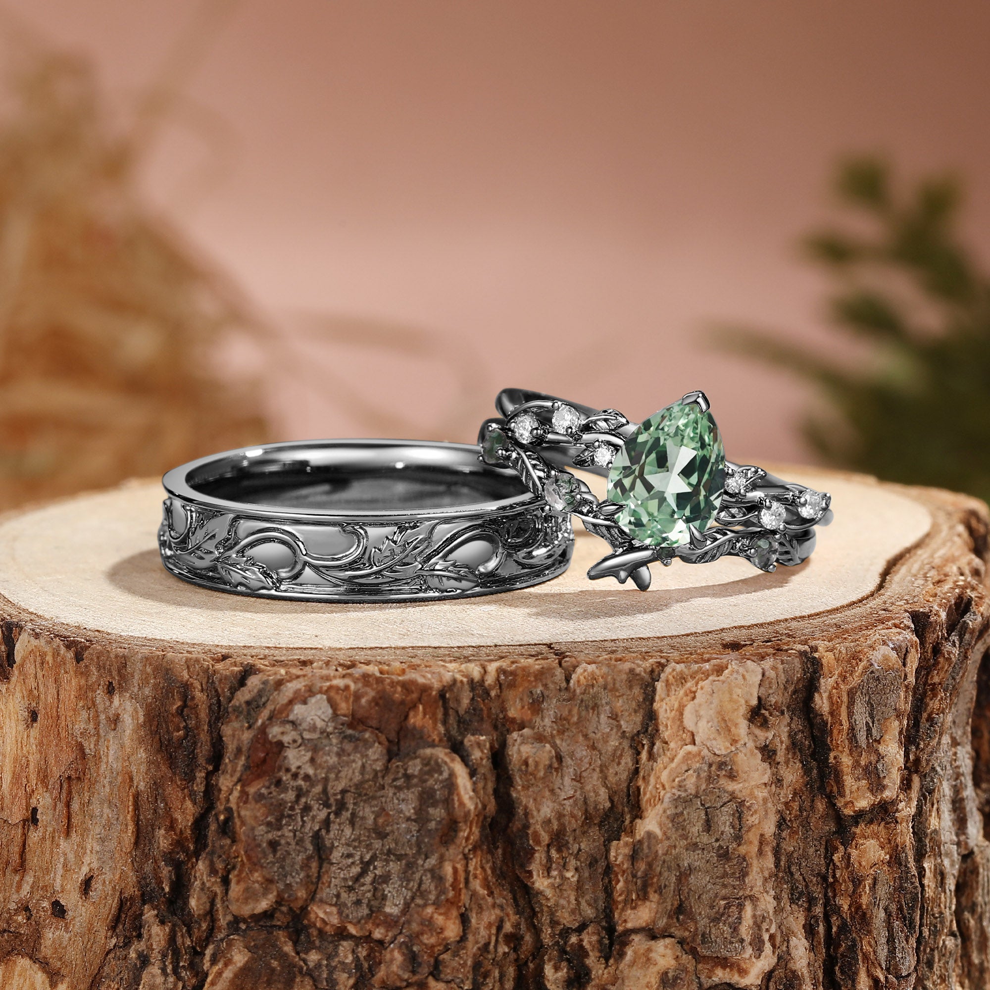 Leaves Inspired Lab Green Sapphire Pear Cut  Couple Ring Set - Clarissa