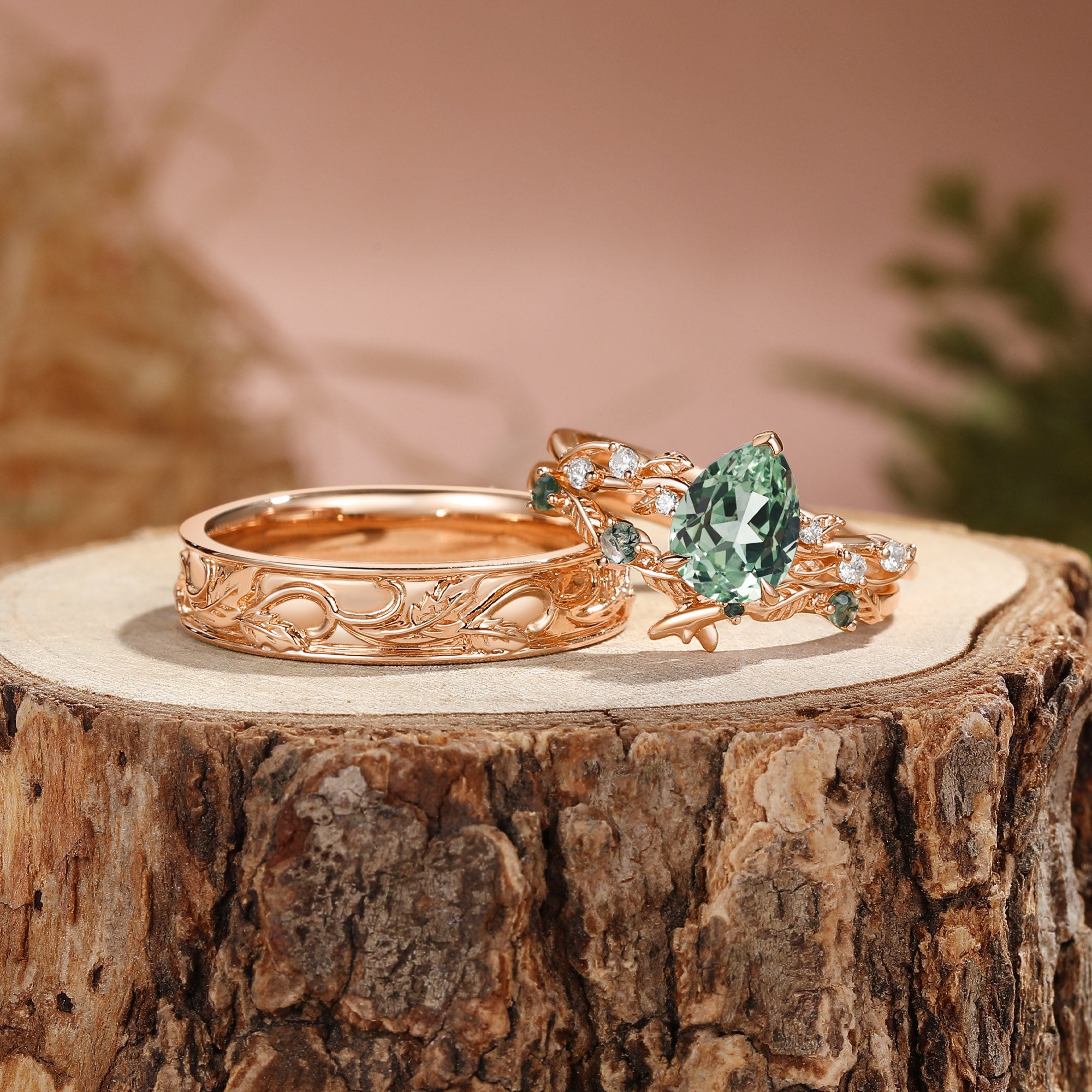 Leaves Inspired Lab Green Sapphire Pear Cut  Couple Ring Set - Clarissa