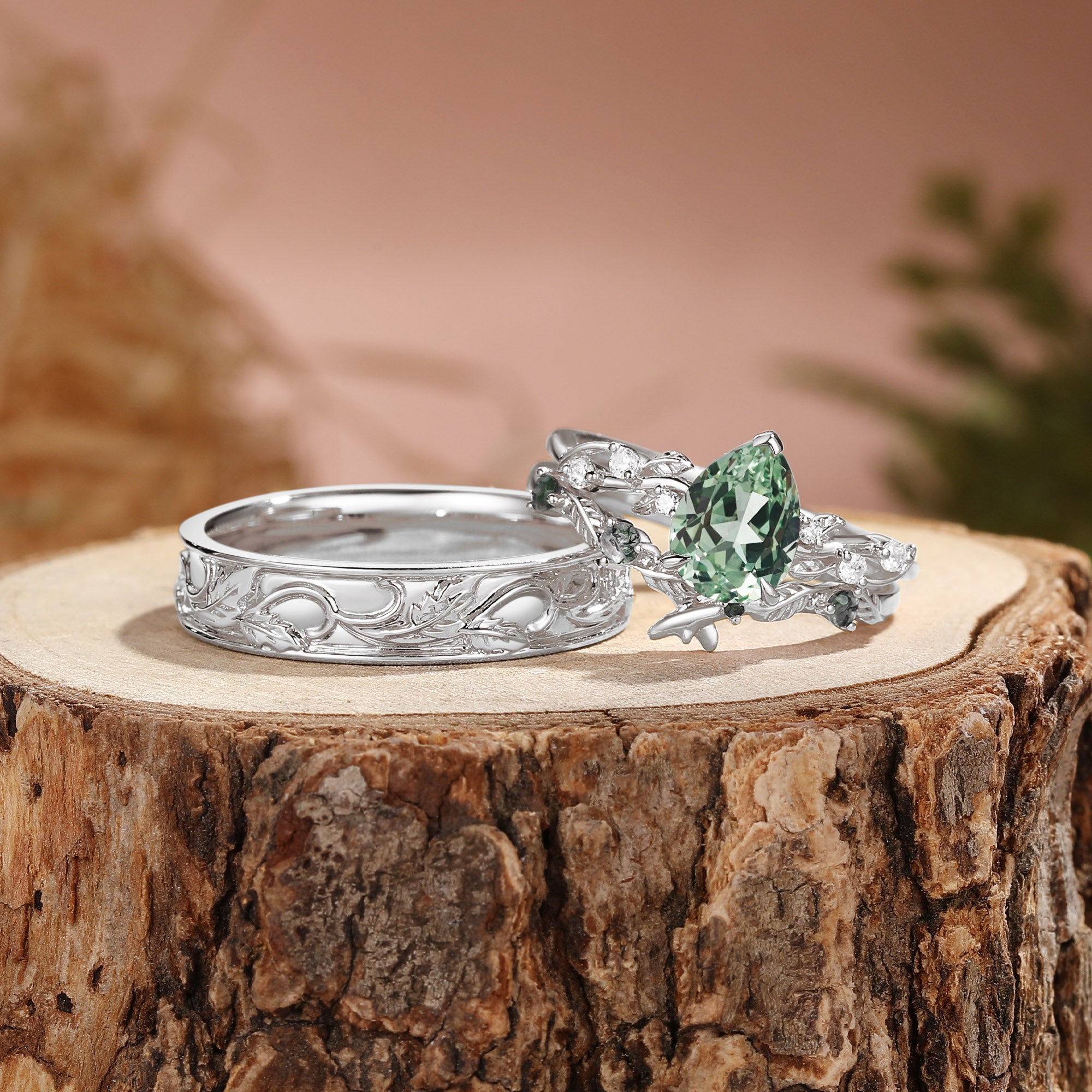 Leaves Inspired Lab Green Sapphire Pear Cut  Couple Ring Set - Clarissa
