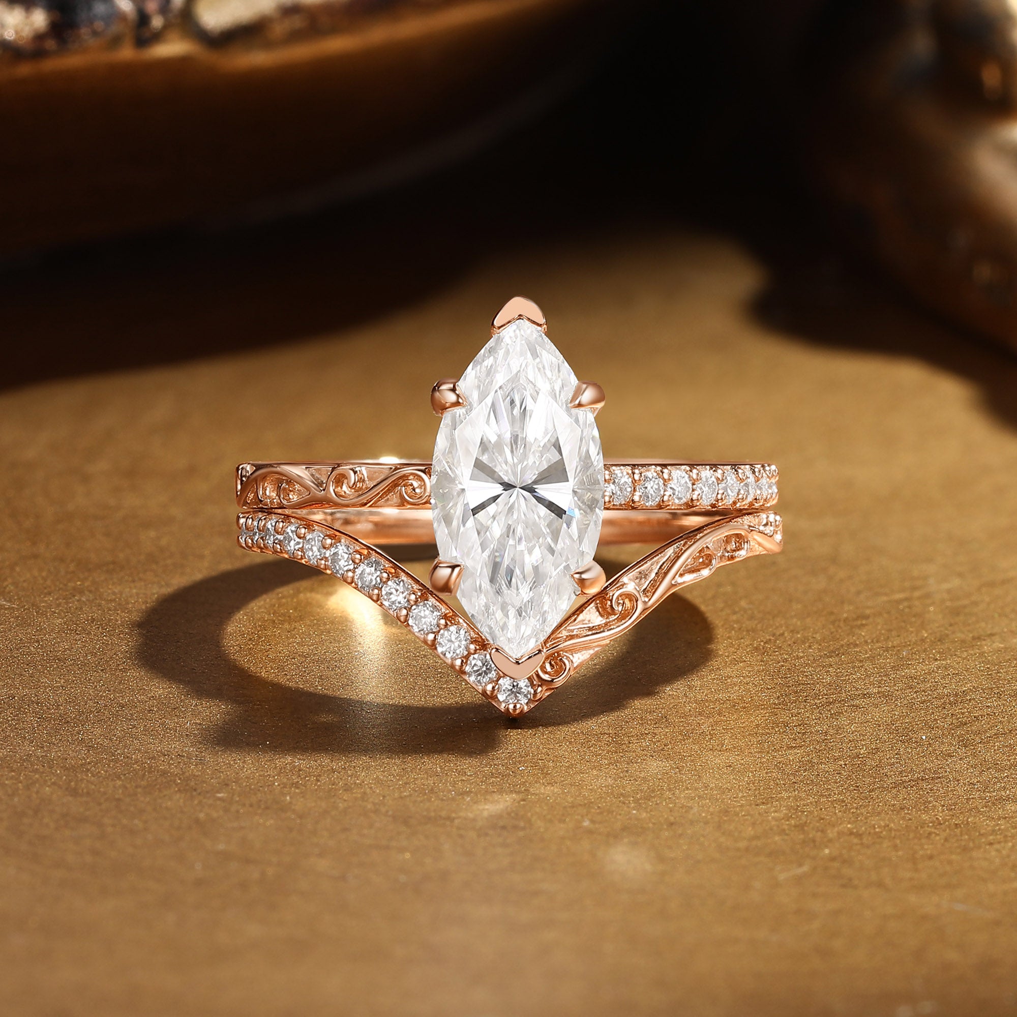 2.0CT Unique Marquise Moissanite Engraved Inspired Bridal Set 2Pcs - Vianne