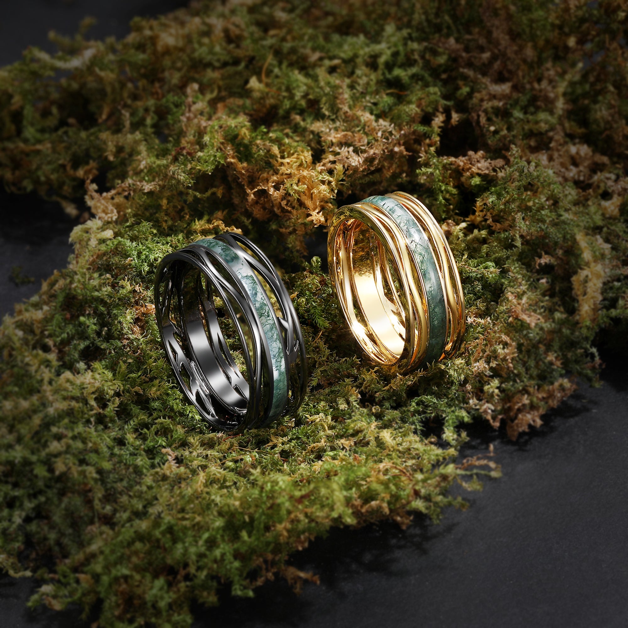 8MM Moss Agate Branch Yellow Gold Men Rings