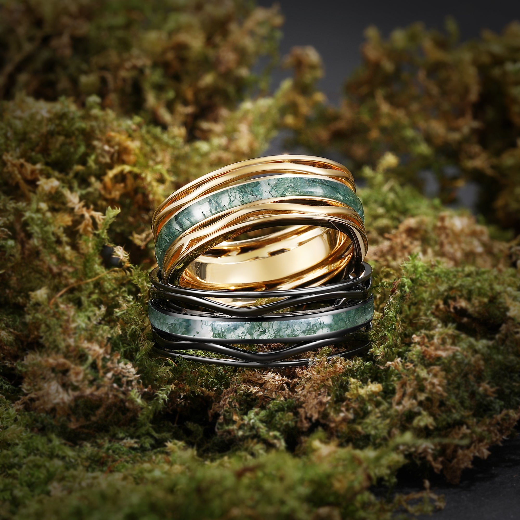 8MM Moss Agate Branch Yellow Gold Men Rings