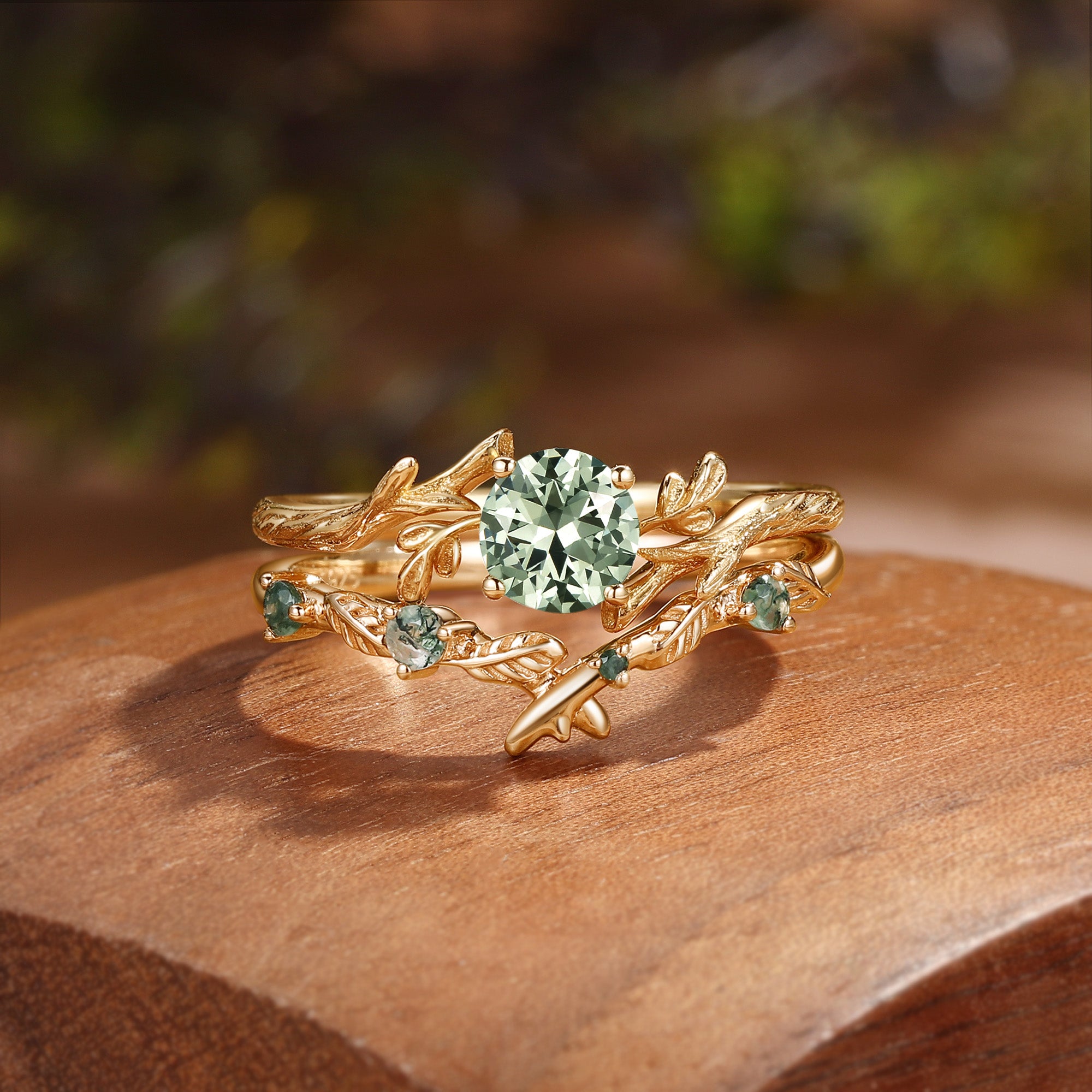 Leafy Inspired Round Cut  Lab Green Sapphire Engagement Ring Set 2pcs - Zoe