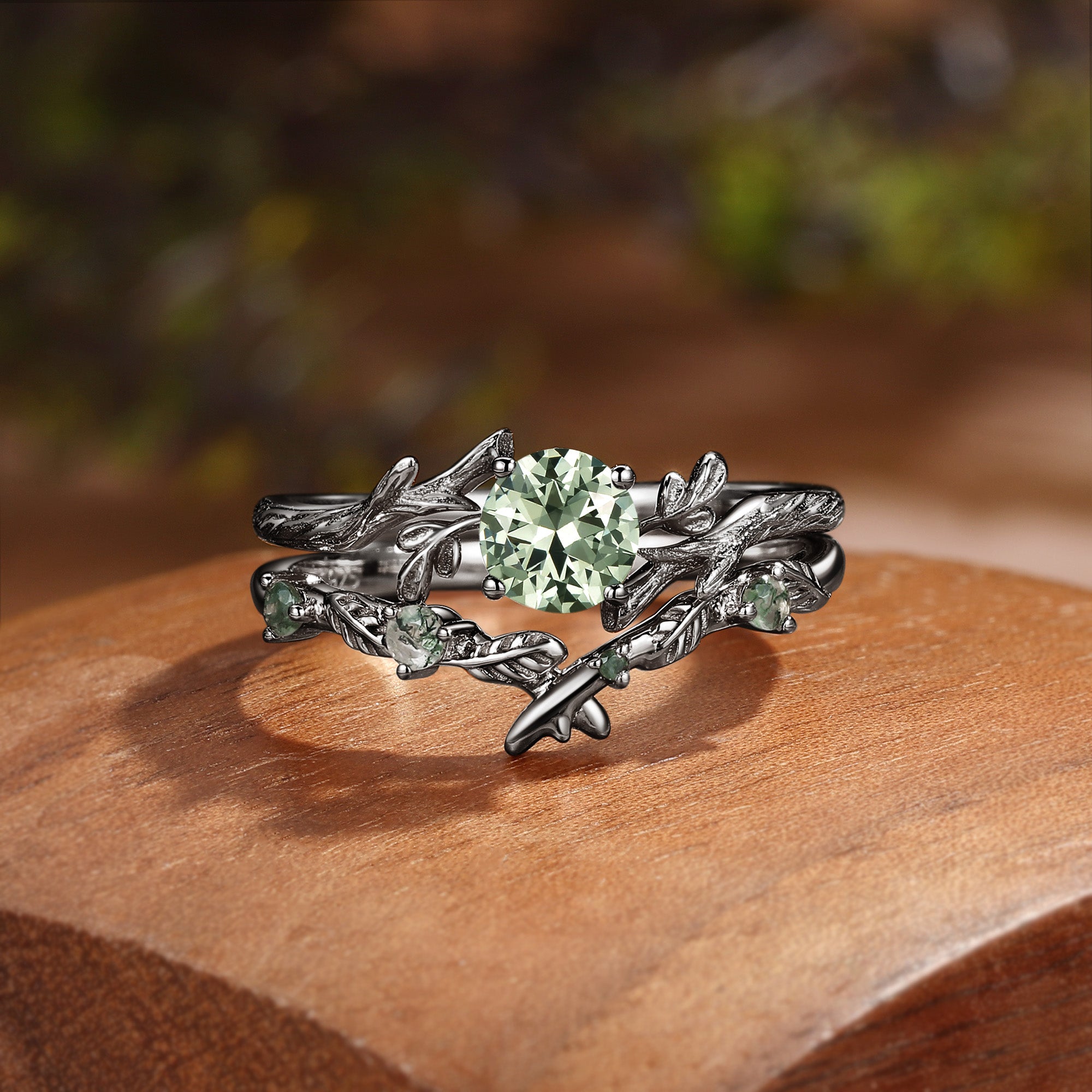 Leafy Inspired Round Cut  Lab Green Sapphire Engagement Ring Set 2pcs - Zoe