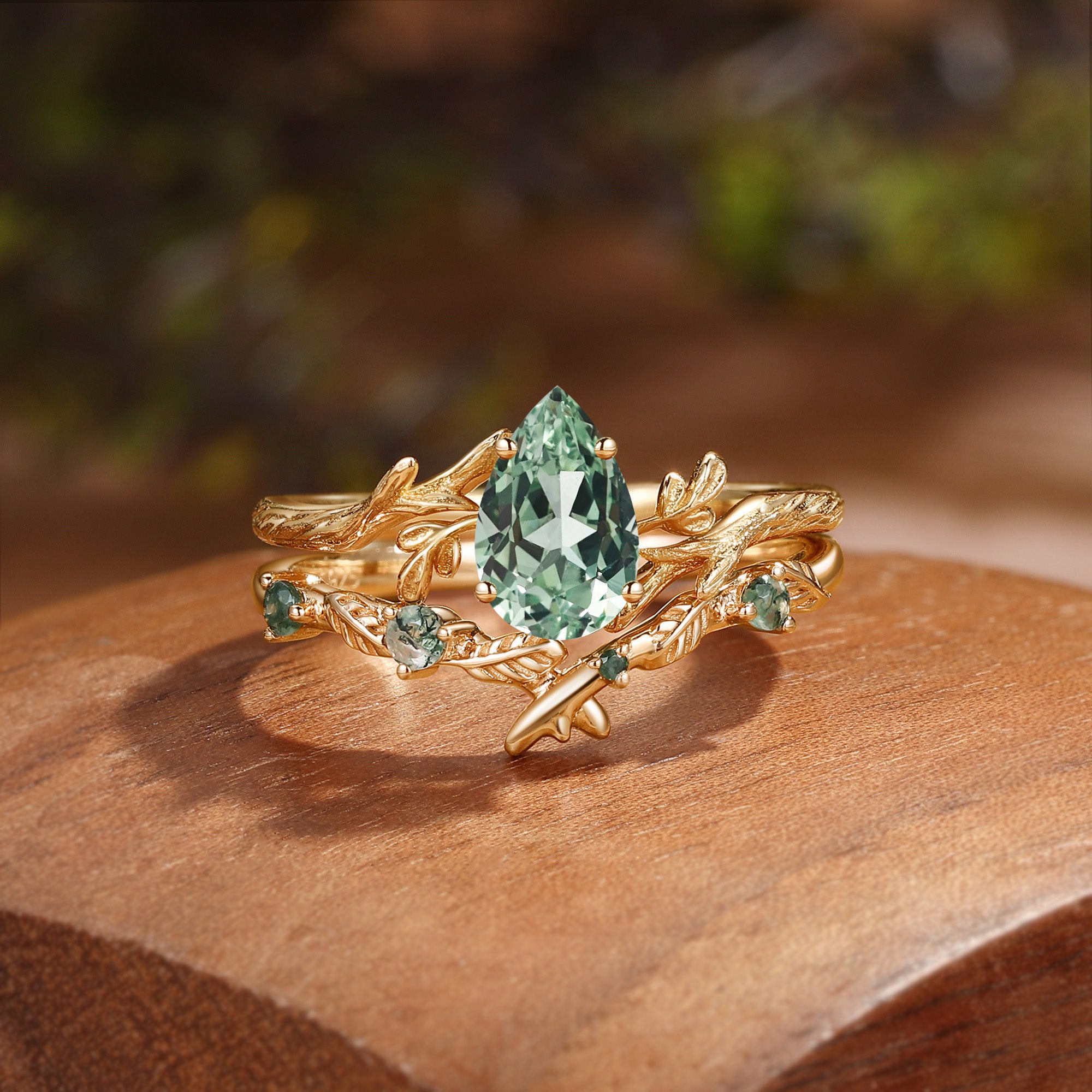 Leafy Inspired Pear Cut  Lab Green Sapphire Engagement Ring Set 2pcs - Zoe