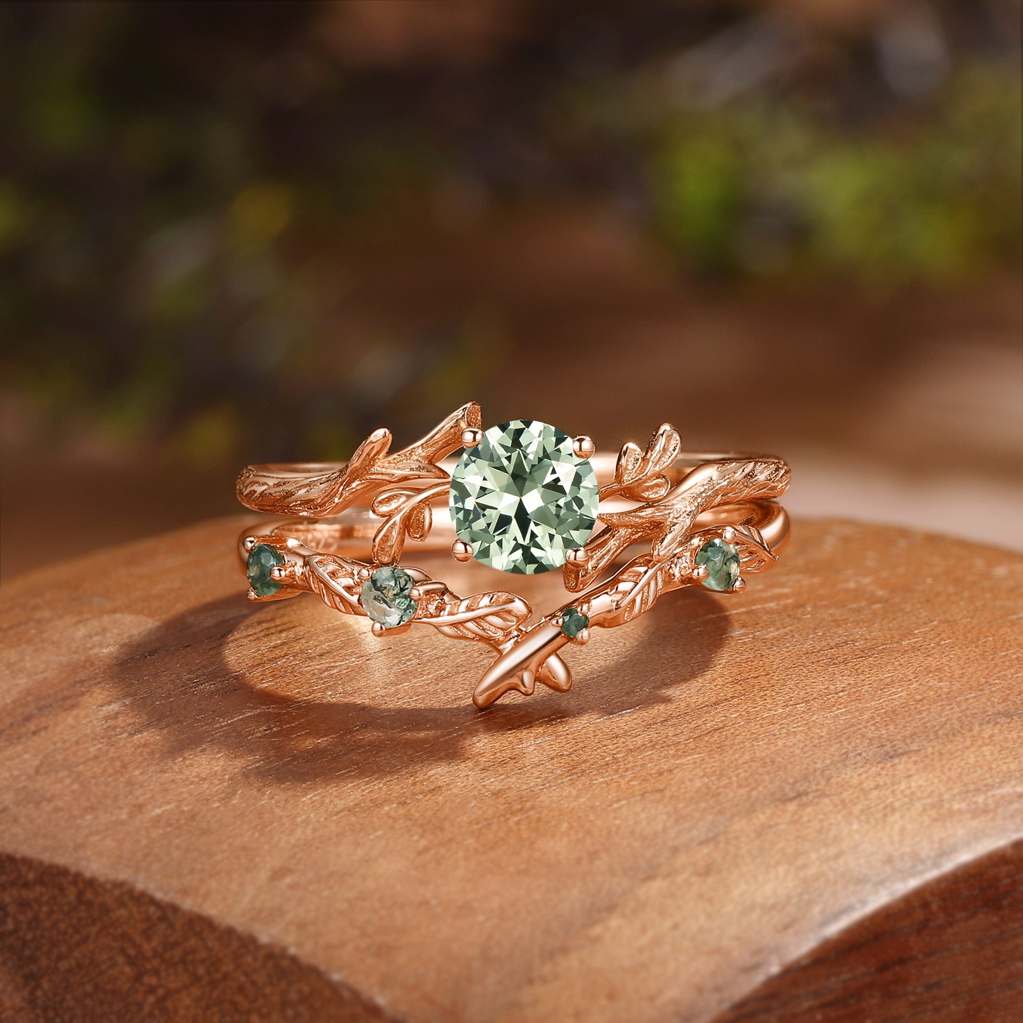 Leafy Inspired Round Cut  Lab Green Sapphire Engagement Ring Set 2pcs - Zoe