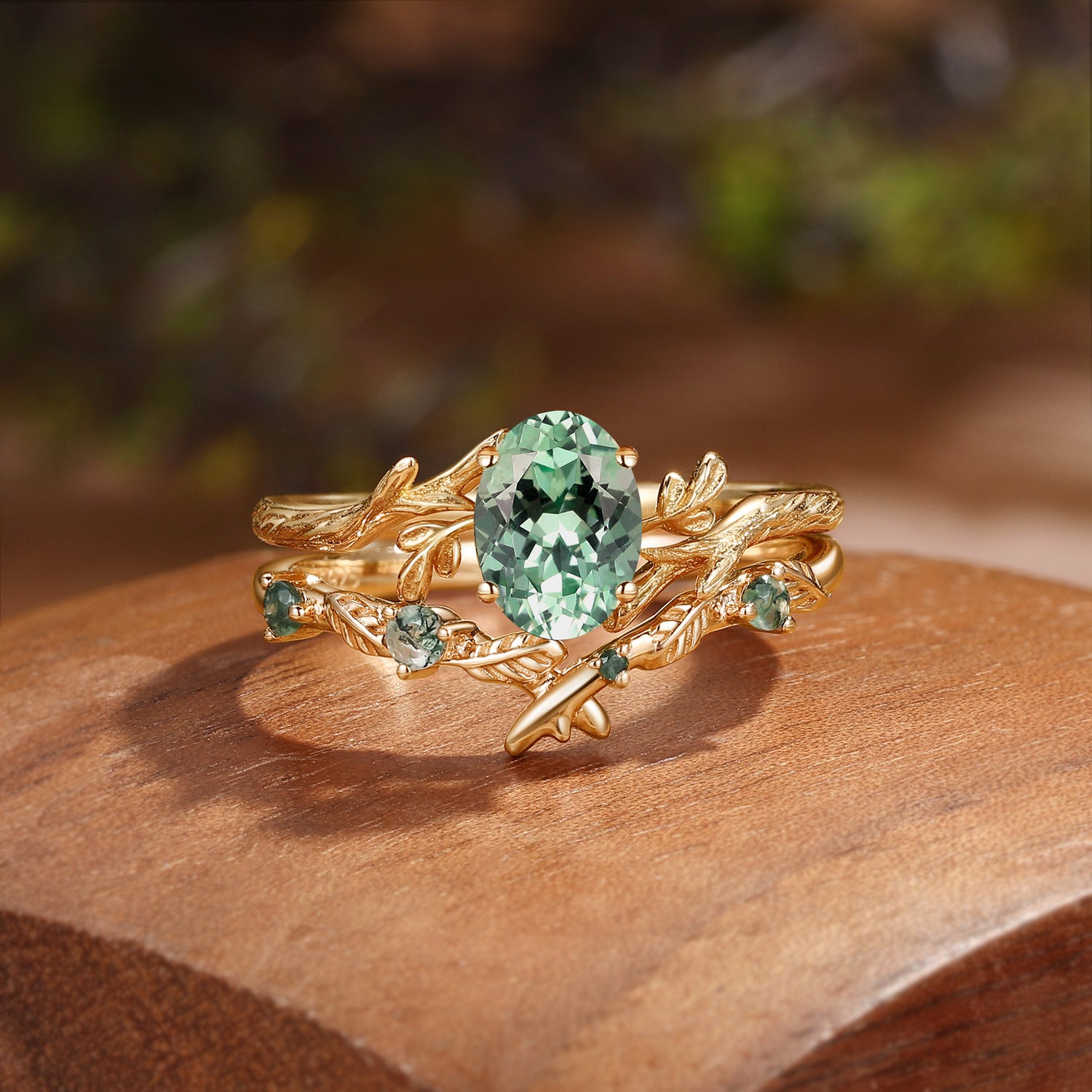 Leafy Inspired Oval Cut  Lab Green Sapphire Engagement Ring Set 2pcs - Zoe