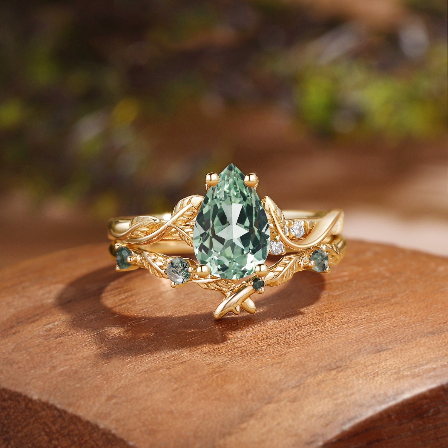 Leafy Inspired Pear Cut Green Sapphire Ring Bridal Set 2pcs - Belinda