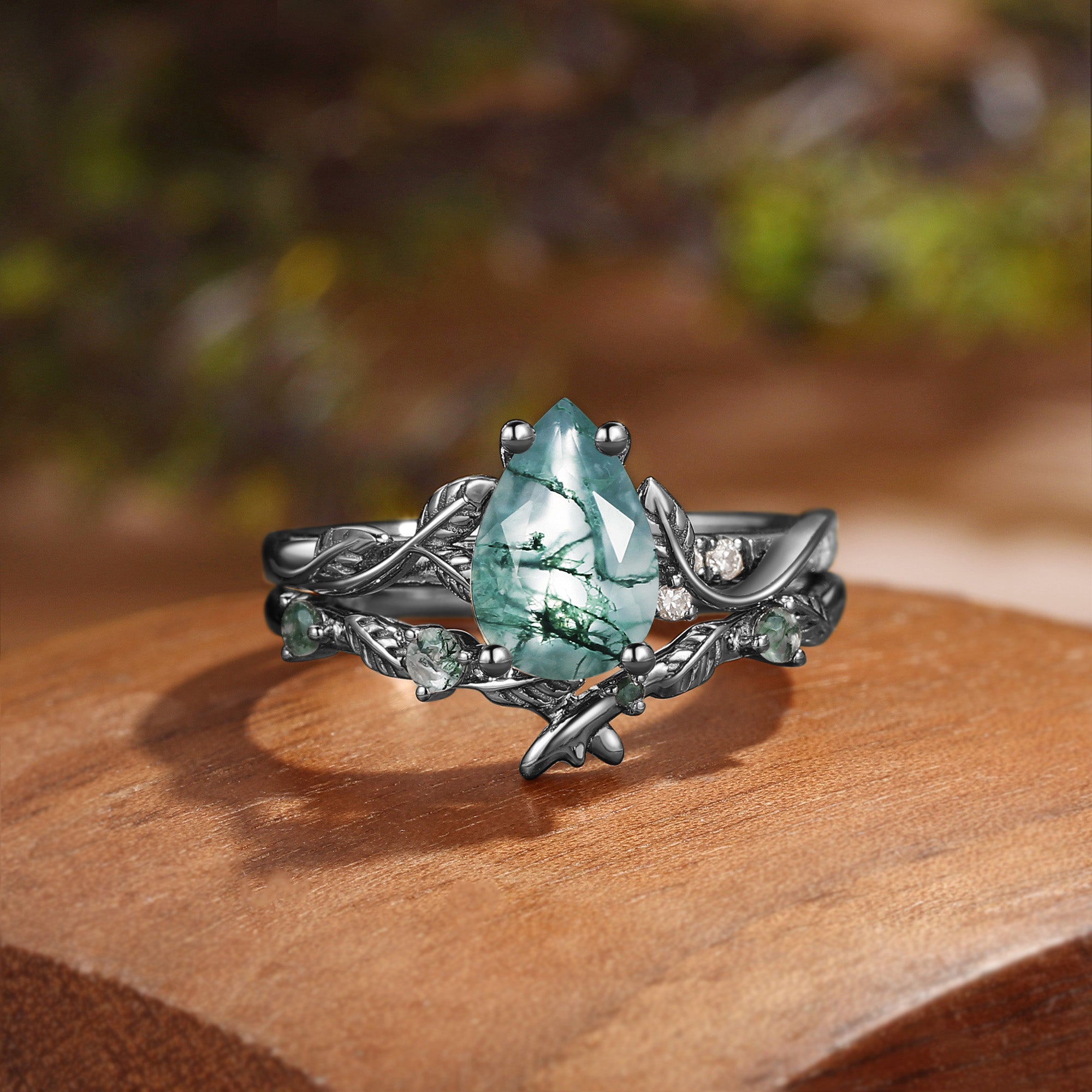 Leafy Inspired Pear Cut Green Moss Agate Ring Bridal Set 2pcs - Belinda