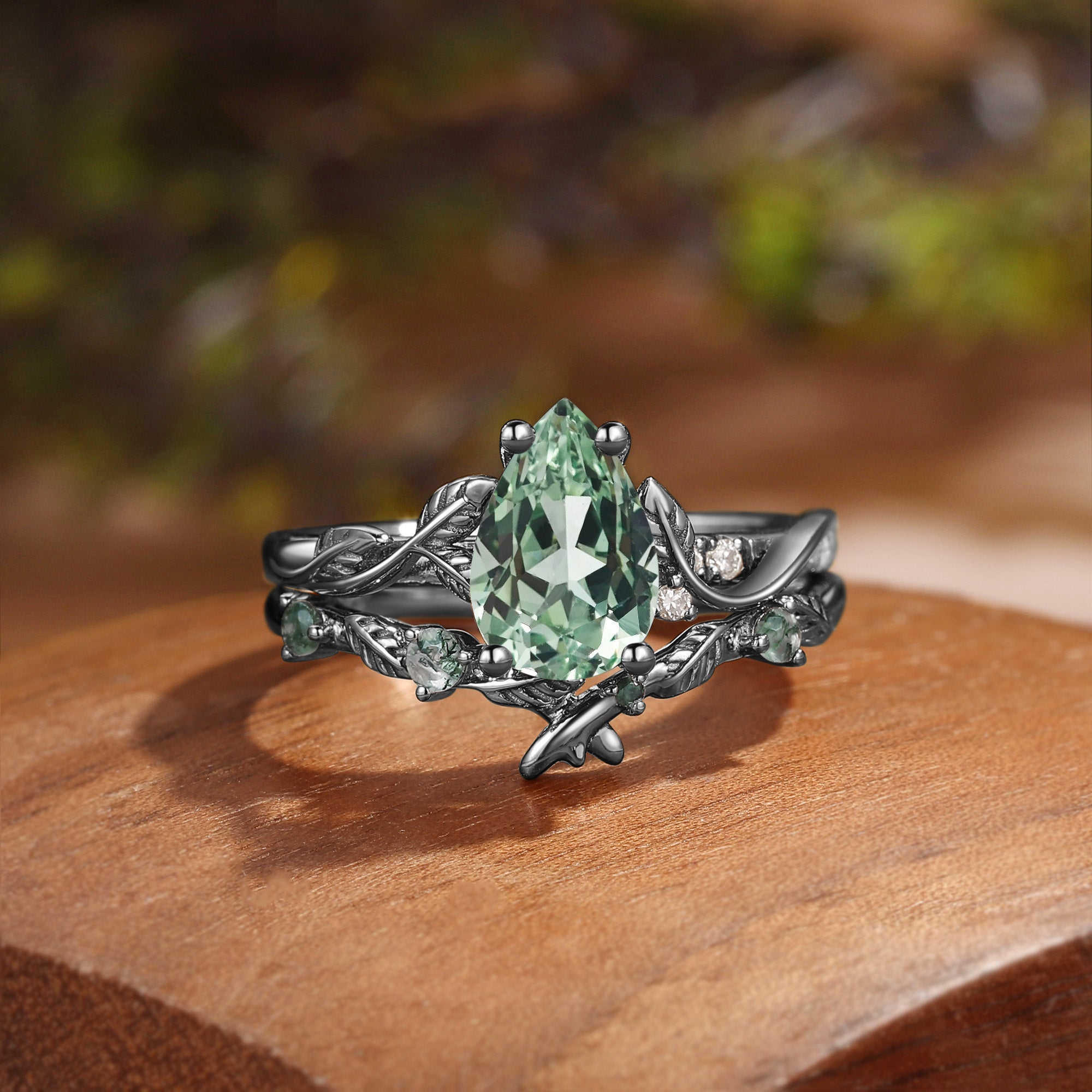 Leafy Inspired Pear Cut Green Sapphire Ring Bridal Set 2pcs - Belinda
