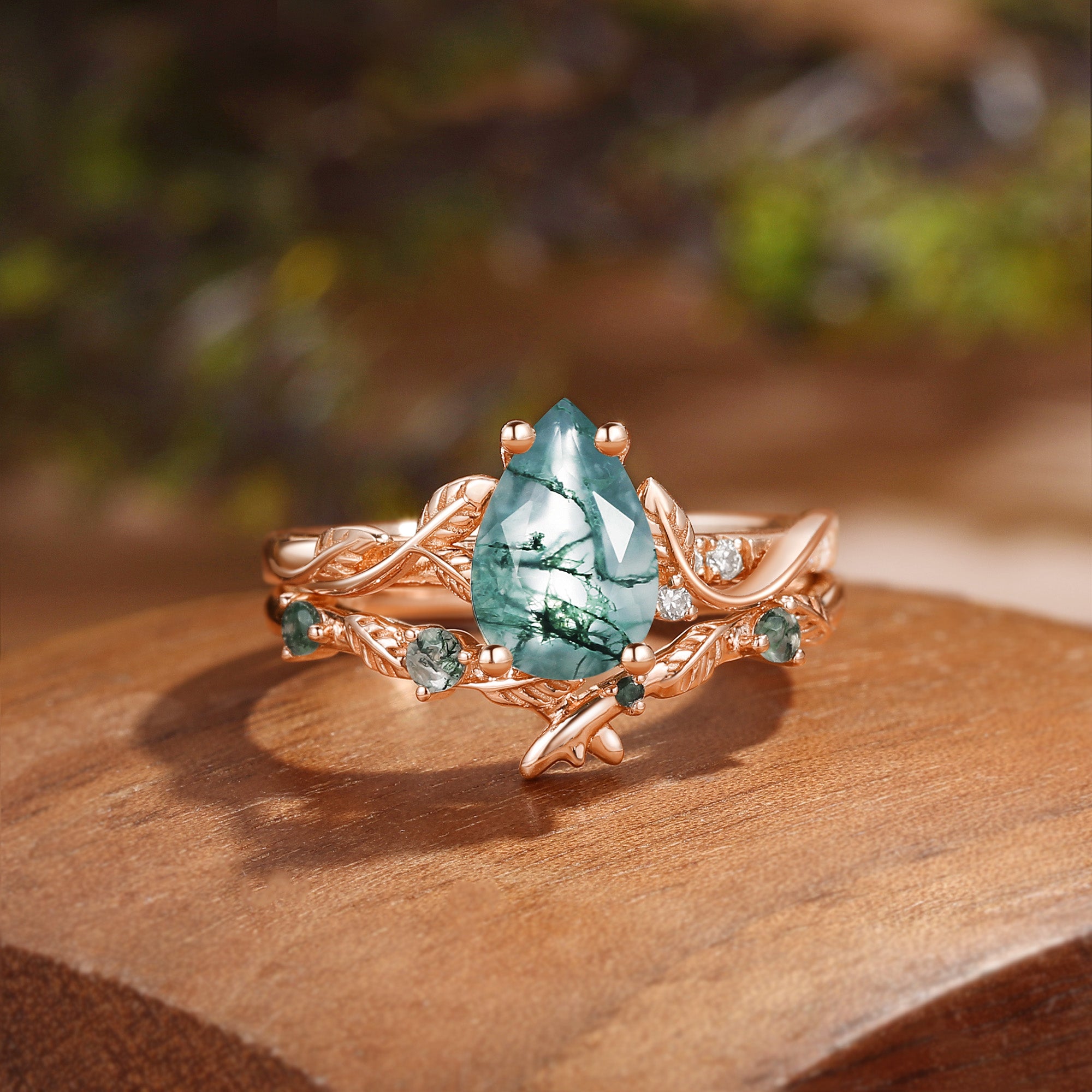 Leafy Inspired Pear Cut Green Moss Agate Ring Bridal Set 2pcs