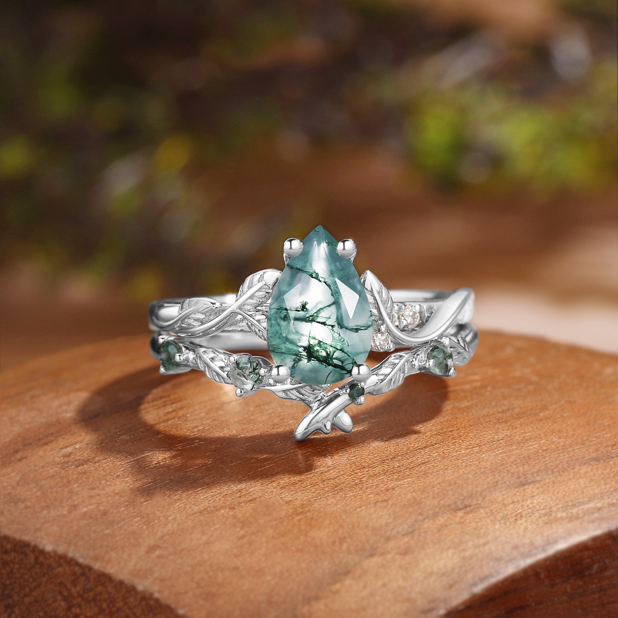 Leafy Inspired Pear Cut Green Moss Agate Ring Bridal Set 2pcs - Belinda