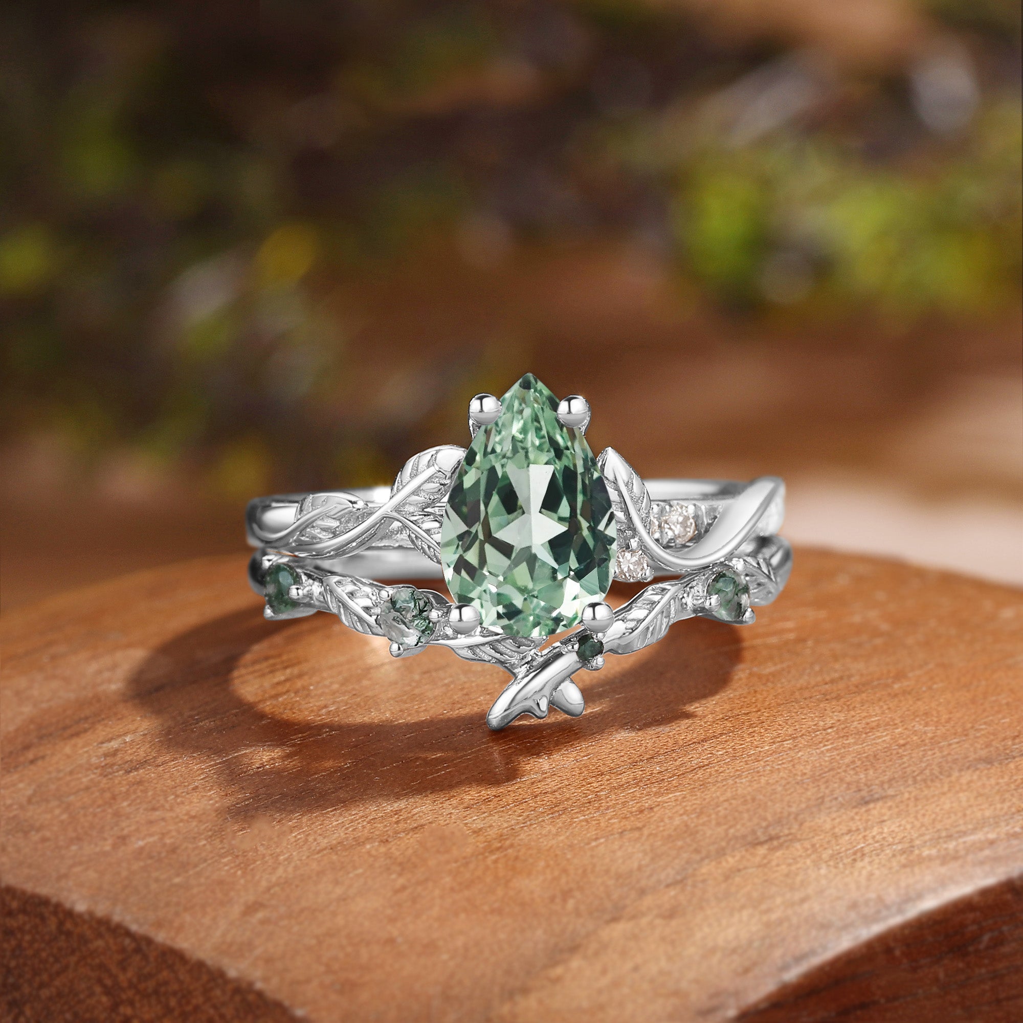 Leafy Inspired Pear Cut Green Sapphire Ring Bridal Set 2pcs - Belinda