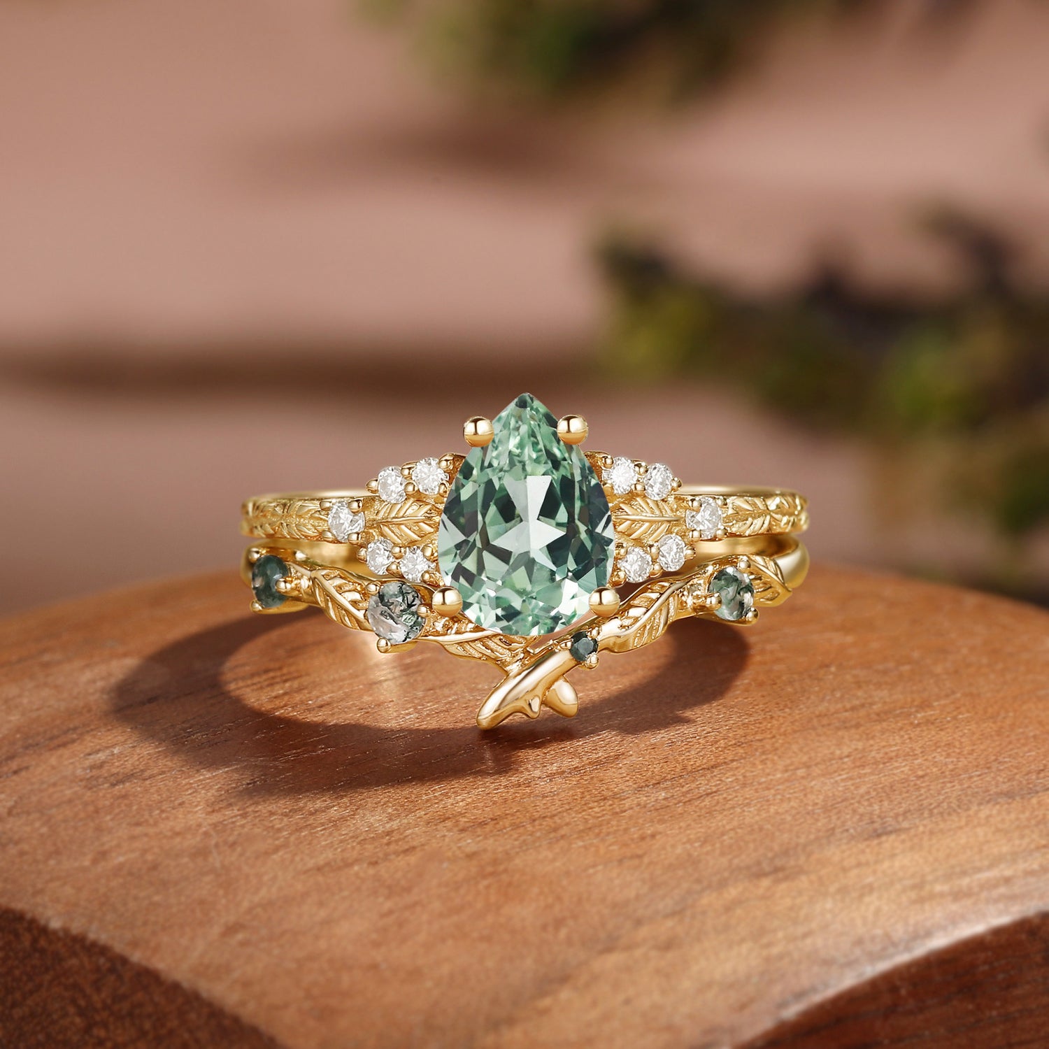 Nature Inspired Pear Cut Lab Green Sapphire Engagement Ring Set 2pcs - Hortense