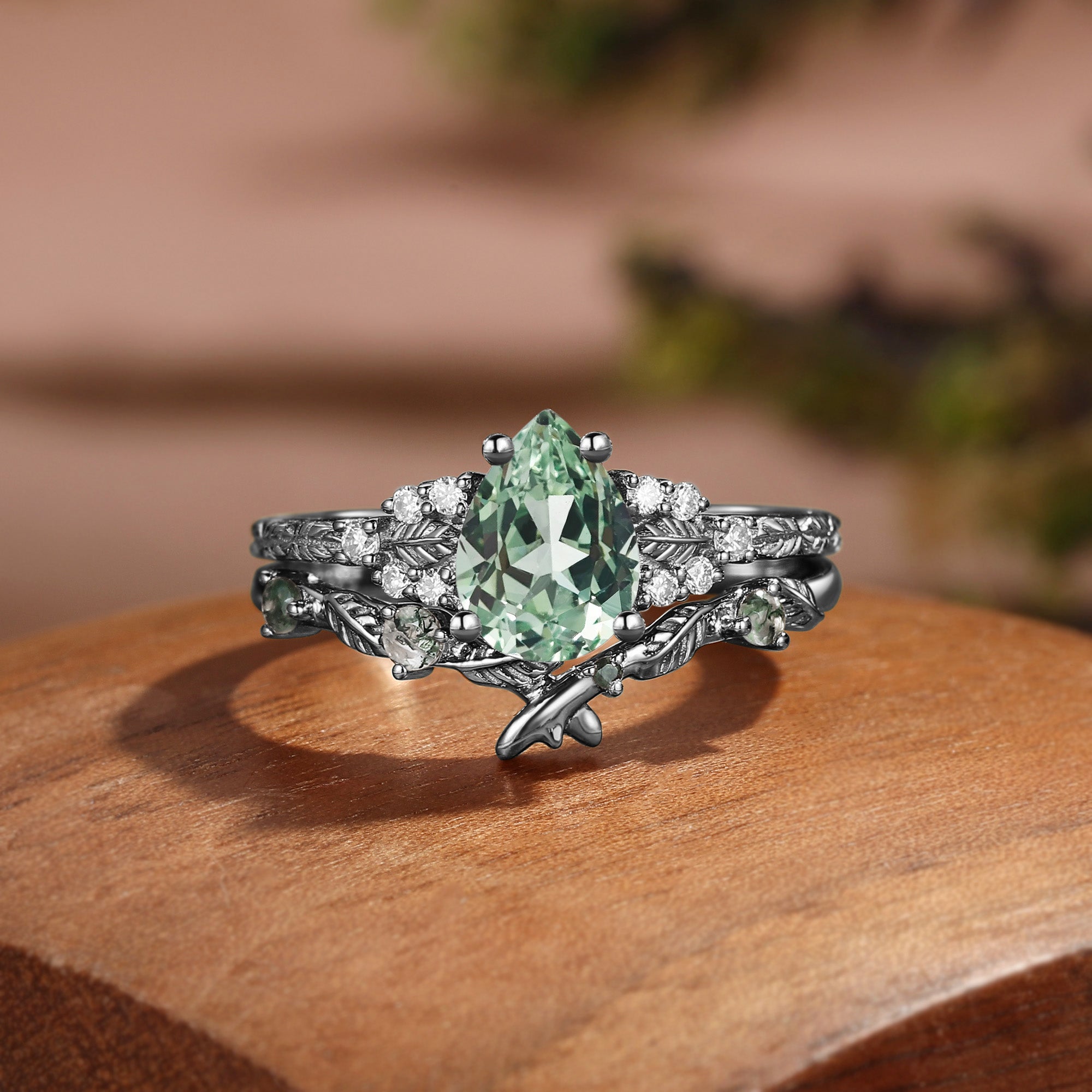 Nature Inspired Pear Cut Lab Green Sapphire Engagement Ring Set 2pcs - Hortense