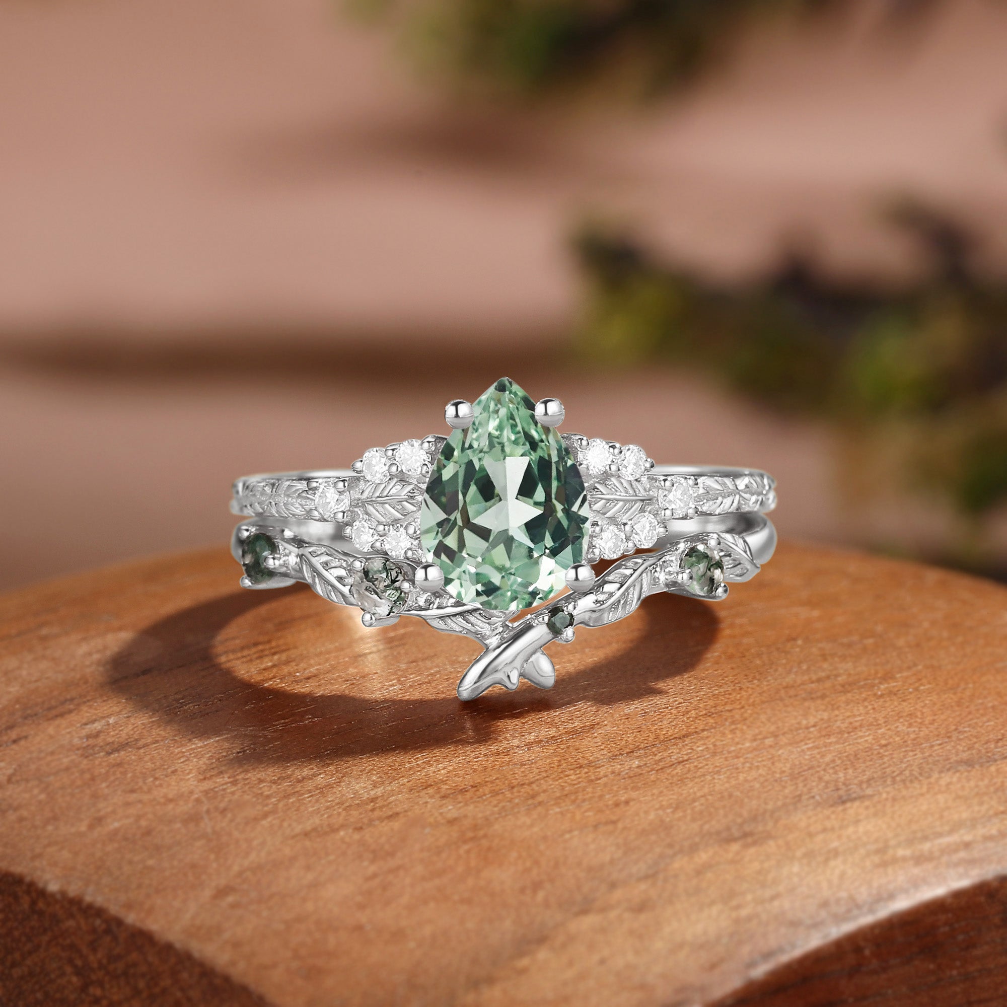 Nature Inspired Pear Cut Lab Green Sapphire Engagement Ring Set 2pcs - Hortense