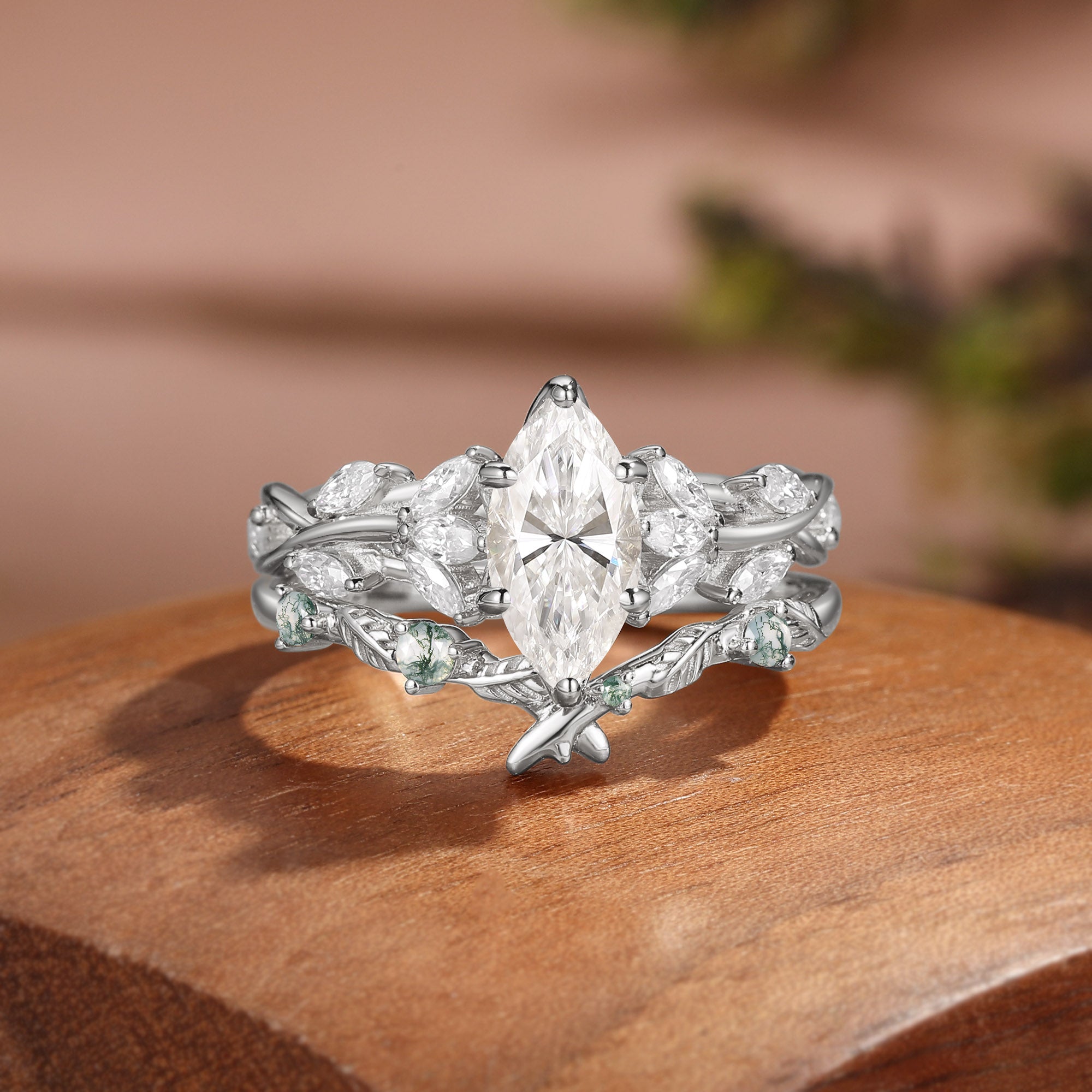 Vintage Marquise Cut Moissanite Leafy Cluster Bridal Set 2pcs - Lucia