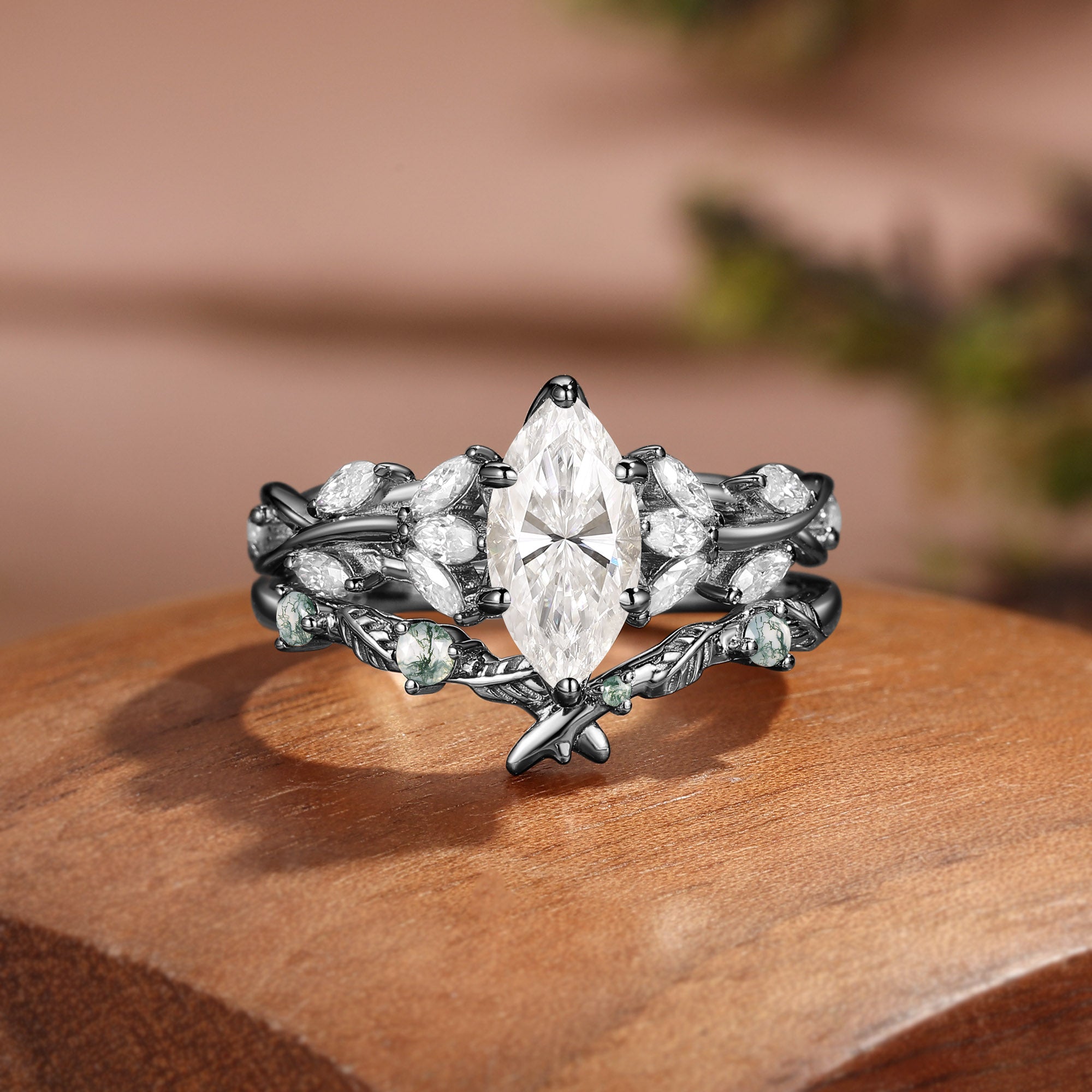 Vintage Marquise Cut Moissanite Leafy Cluster Bridal Set 2pcs - Lucia