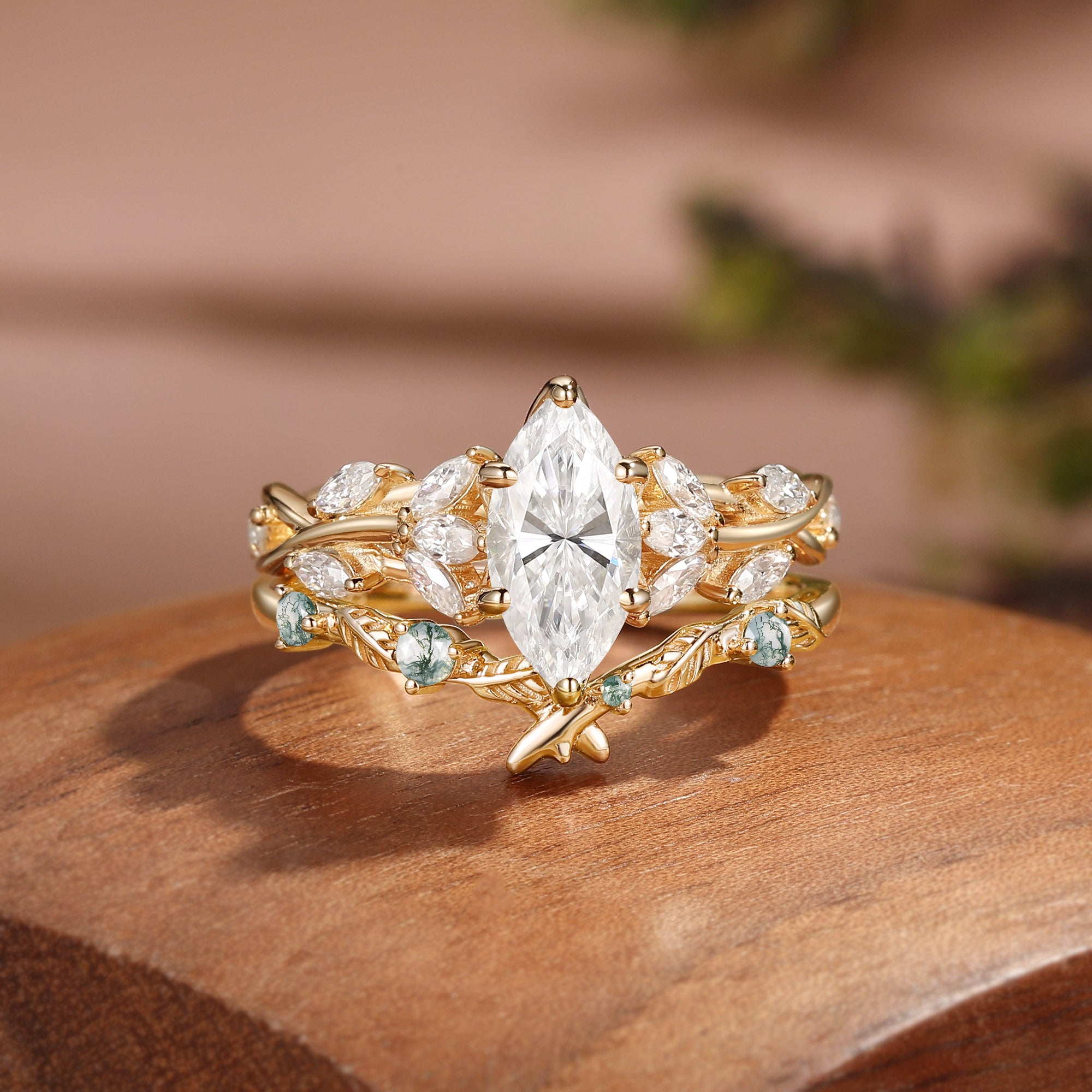 Vintage Marquise Cut Moissanite Leafy Cluster Bridal Set 2pcs - Lucia