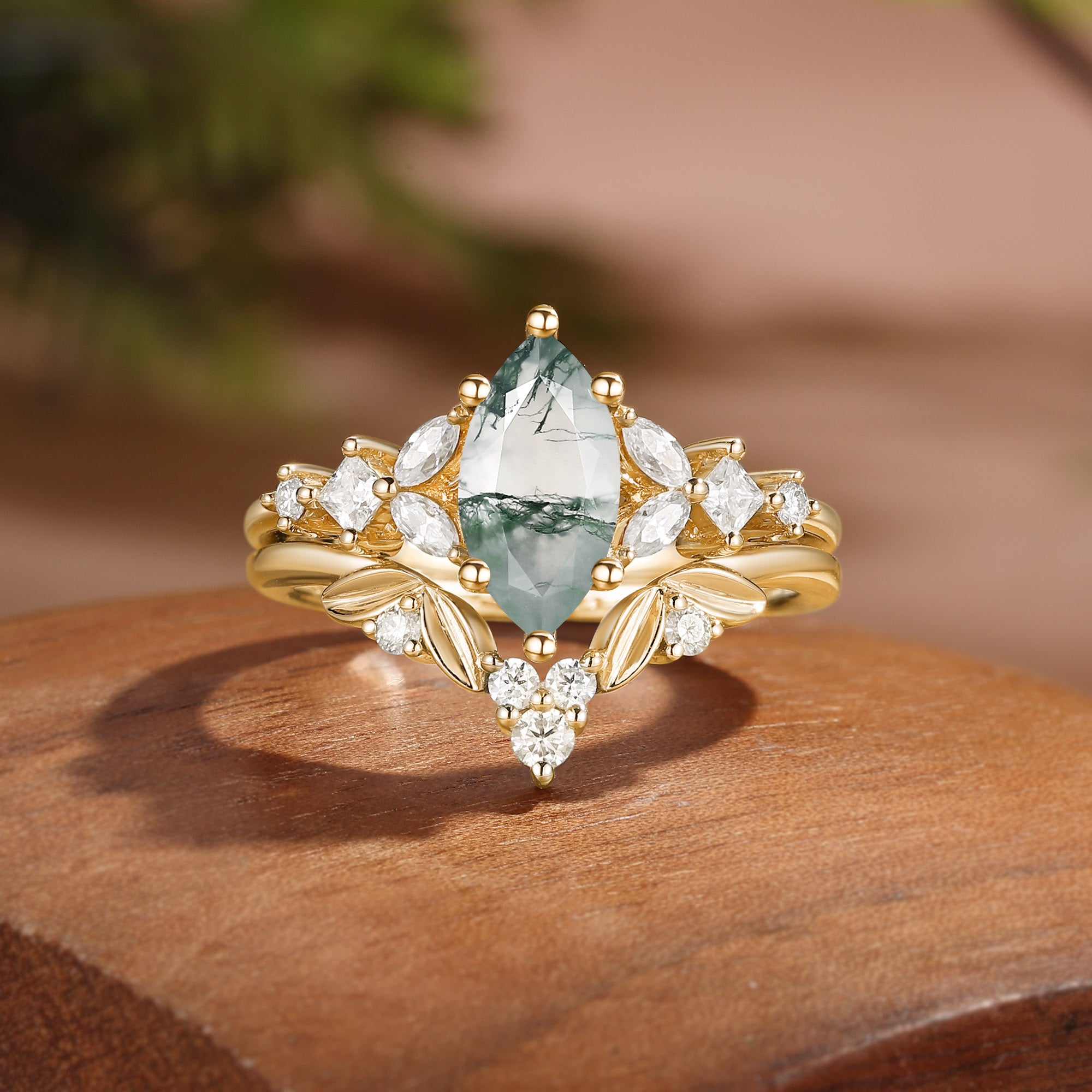 Forest Fairy Marquise Cut Moss Agate Cluster Bridal Set 2pcs - Neoma