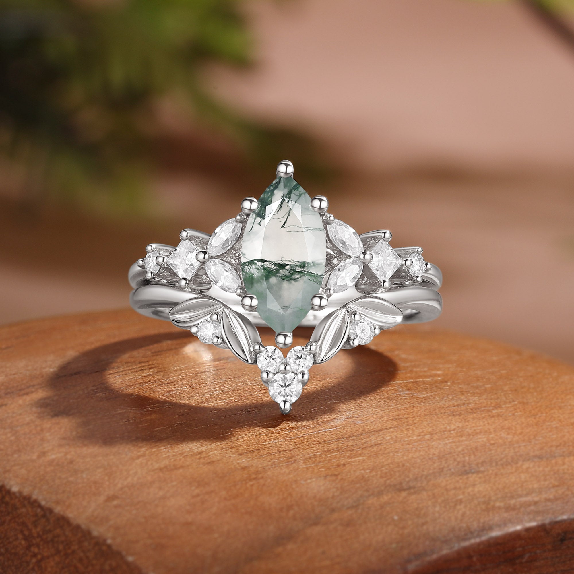 Forest Fairy Marquise Cut Moss Agate Cluster Bridal Set 2pcs - Neoma