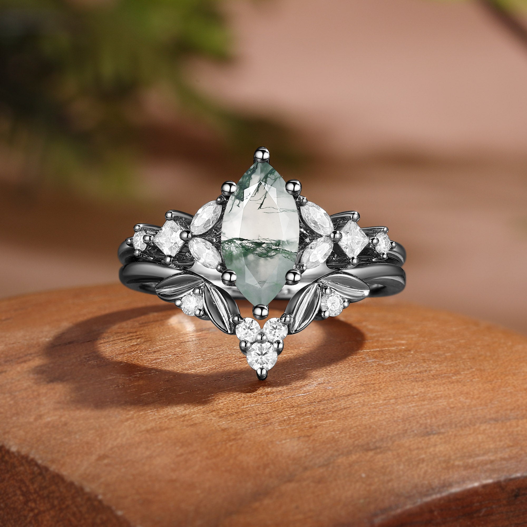 Forest Fairy Marquise Cut Moss Agate Cluster Bridal Set 2pcs - Neoma