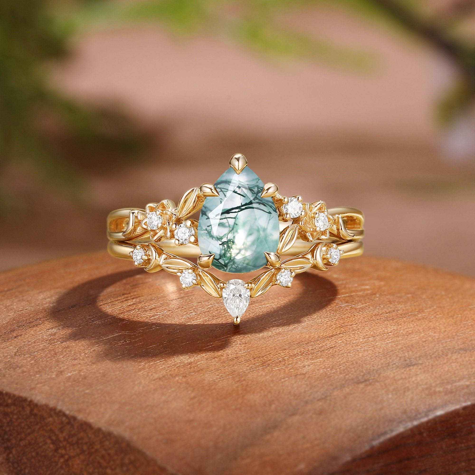 Forest Fairy Pear Cut Moss Agate Leafy Twist Bridal Set 2pcs - Sylvie