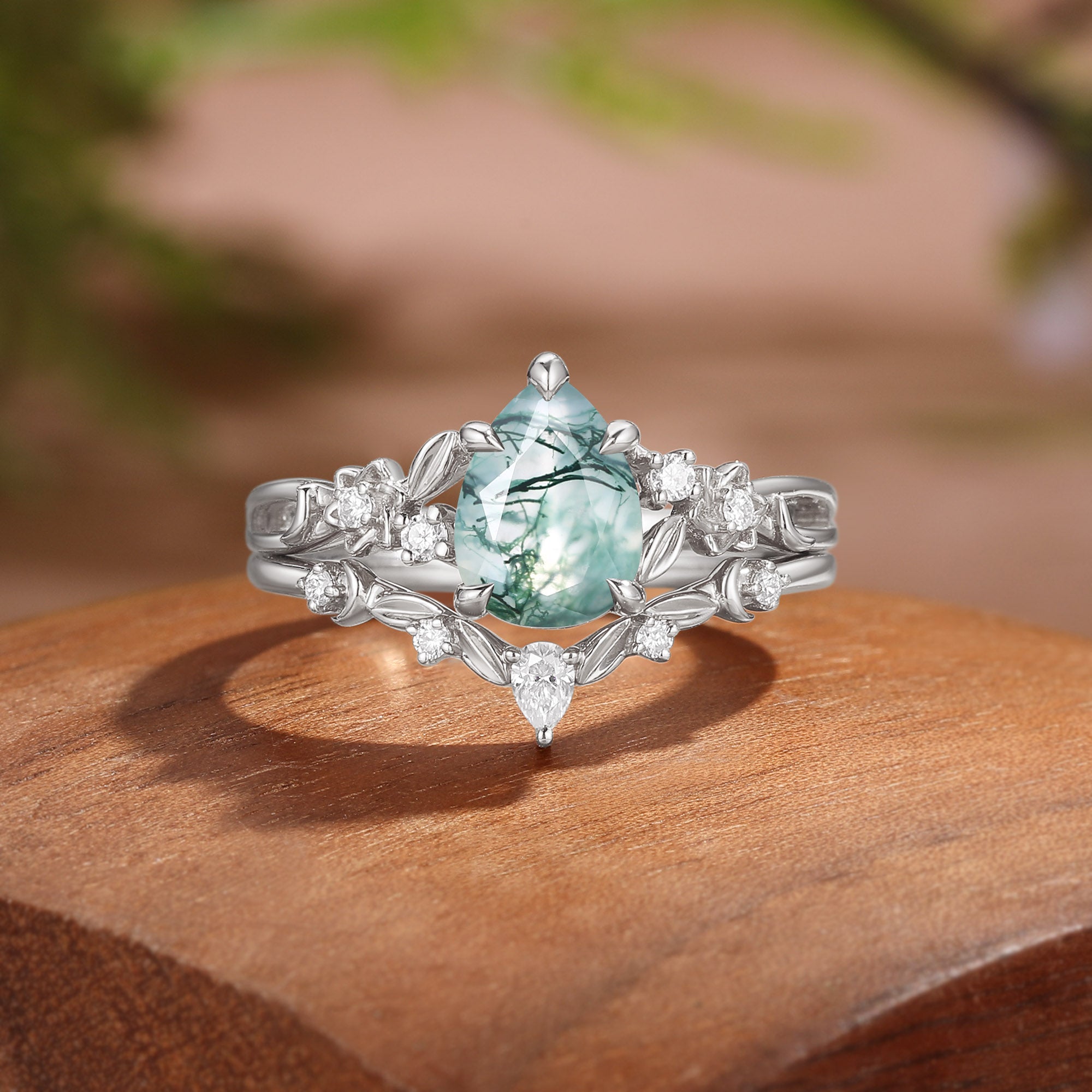 Forest Fairy Pear Cut Moss Agate Leafy Twist Bridal Set 2pcs - Sylvie