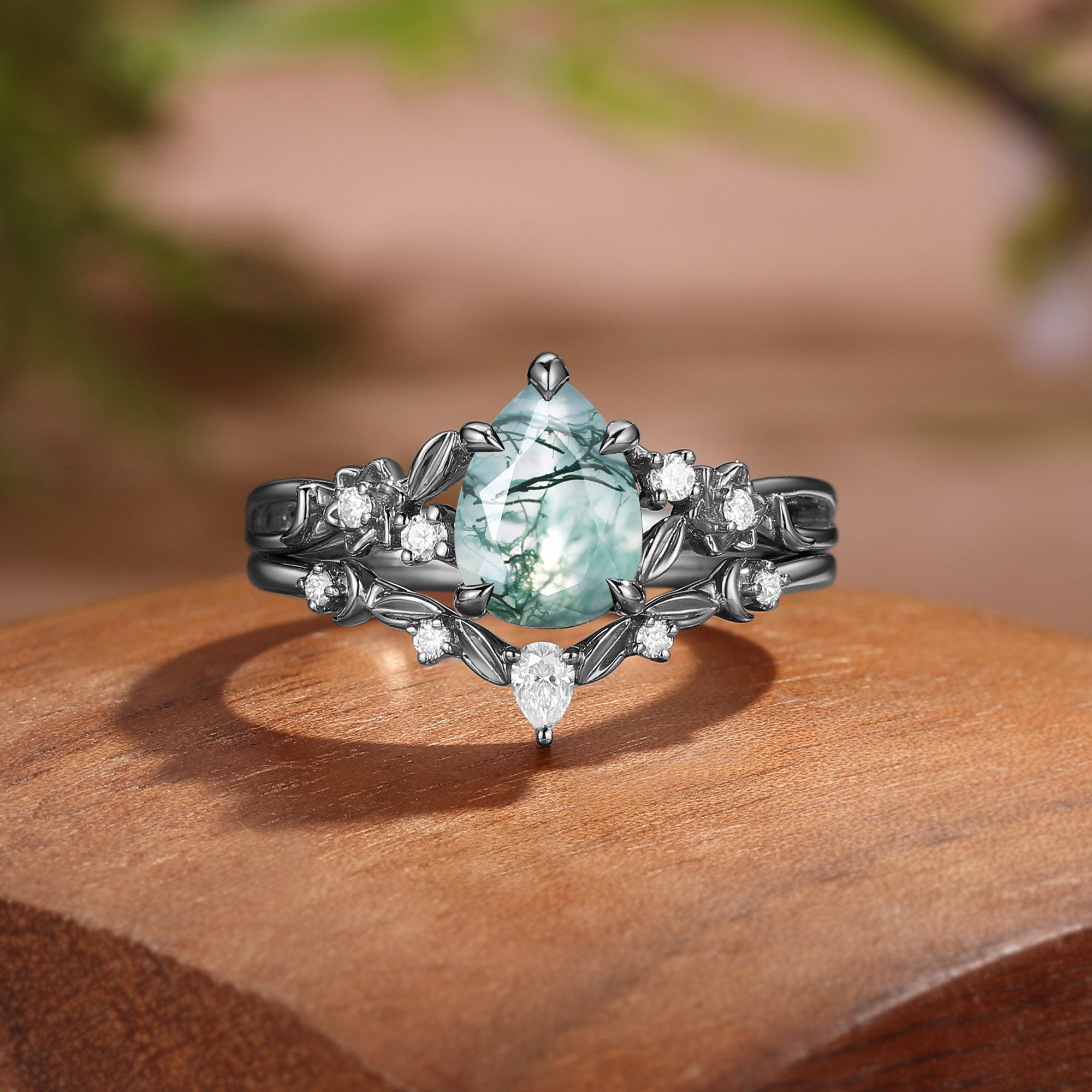 Forest Fairy Pear Cut Moss Agate Leafy Twist Bridal Set 2pcs - Sylvie