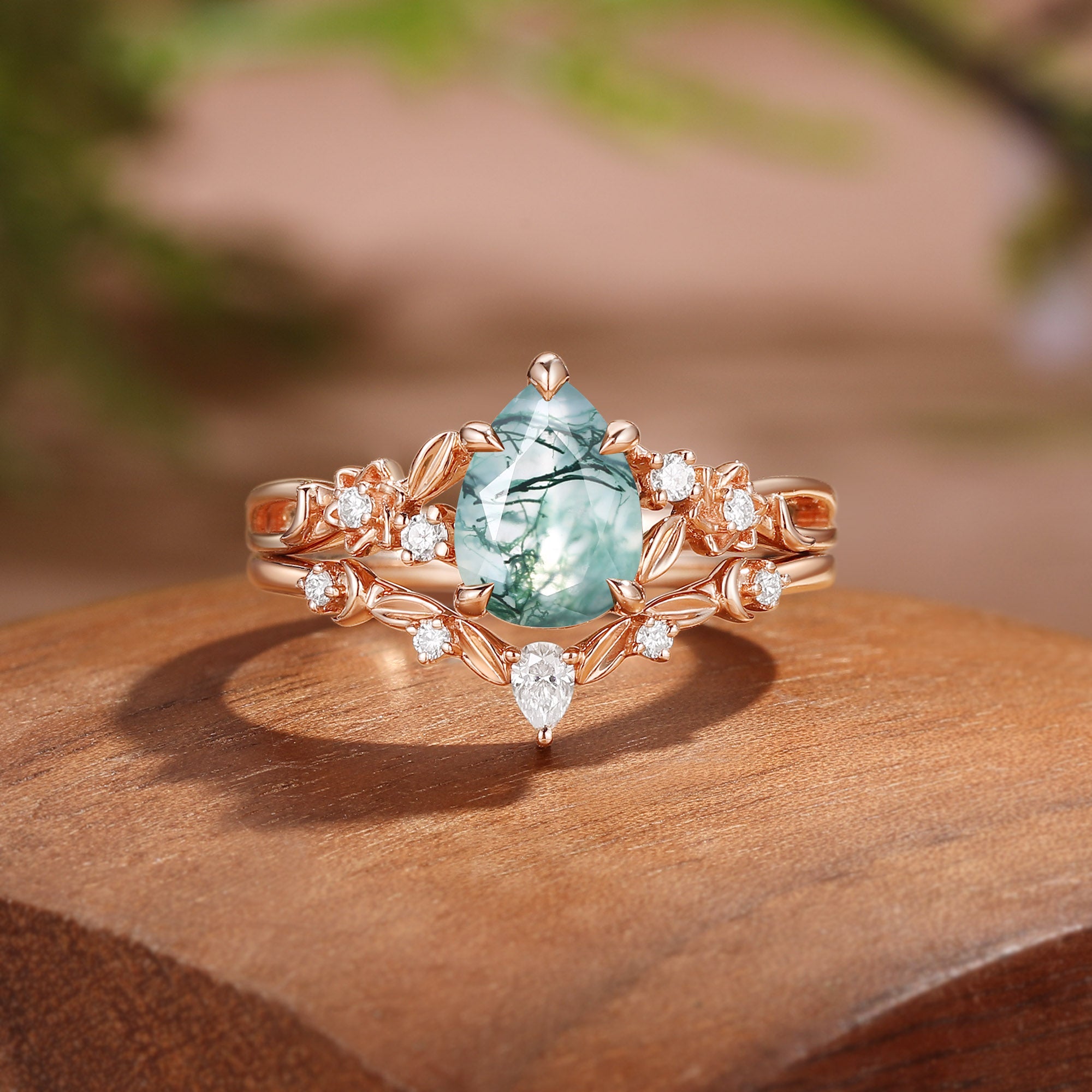 Forest Fairy Pear Cut Moss Agate Leafy Twist Bridal Set 2pcs - Sylvie