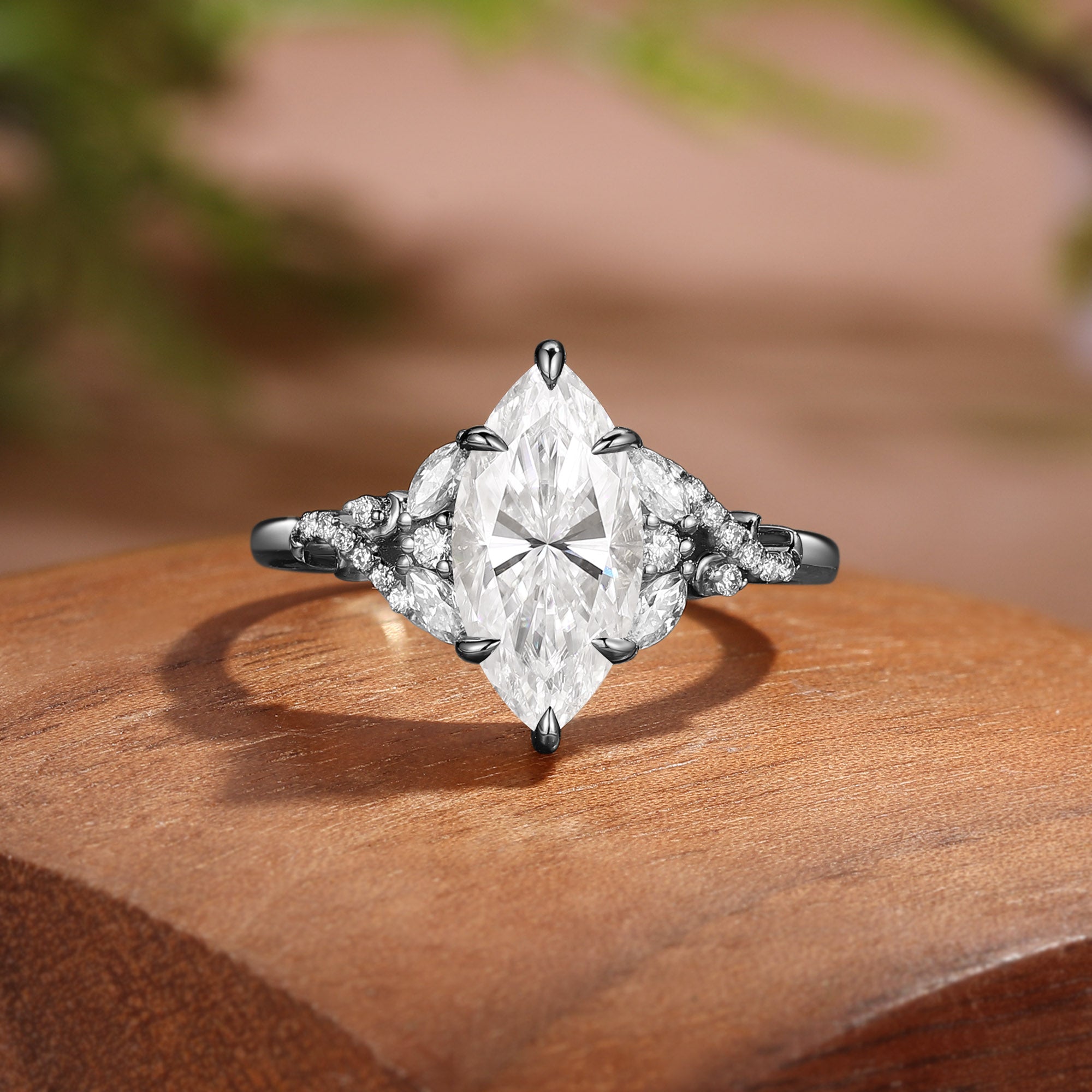 Vintage Moon Marquise Cut Cluster Moissanite Engagement Ring - Nova