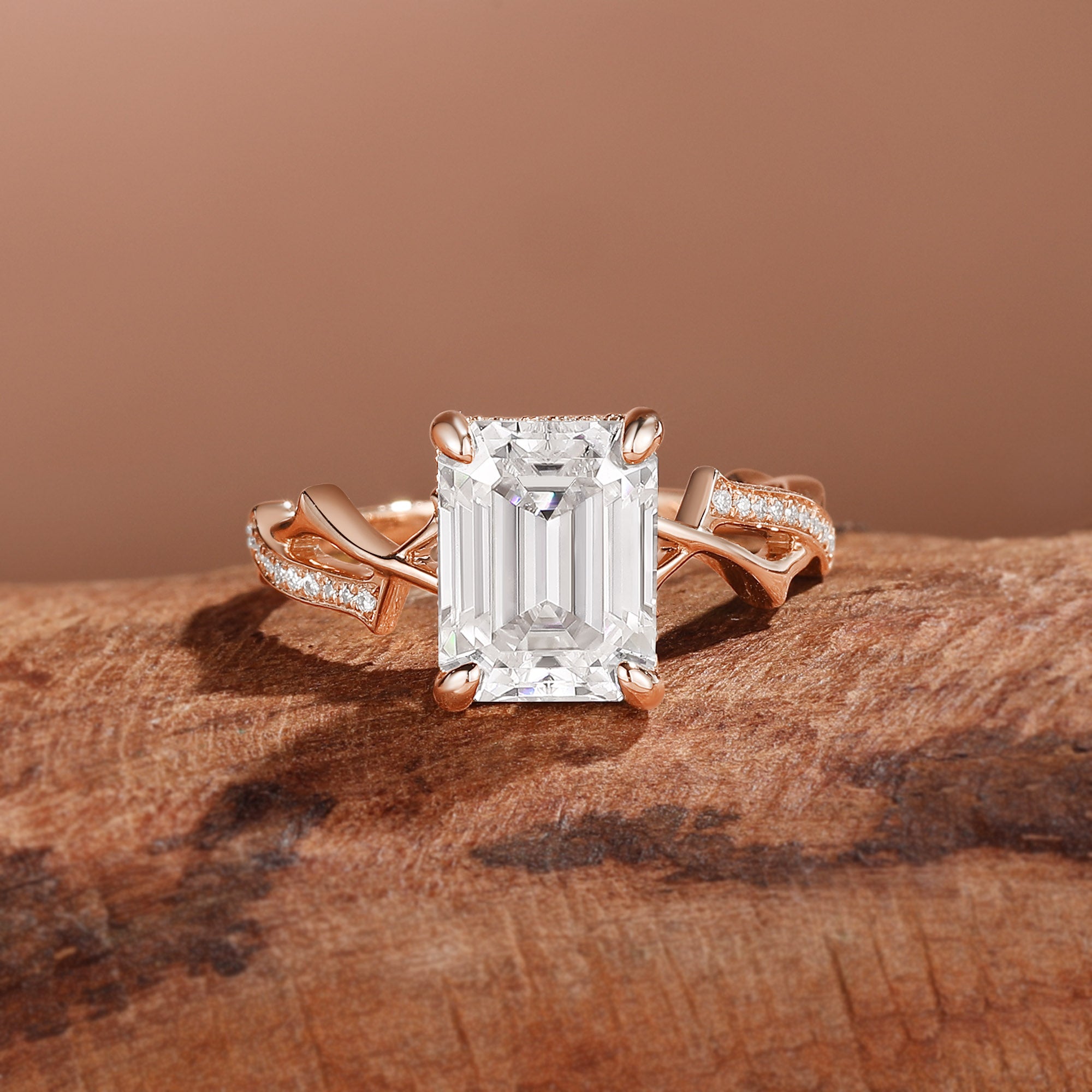 Emerald Cut Moissanite Twisted Split Shank Pave Engagement Ring - Quinn