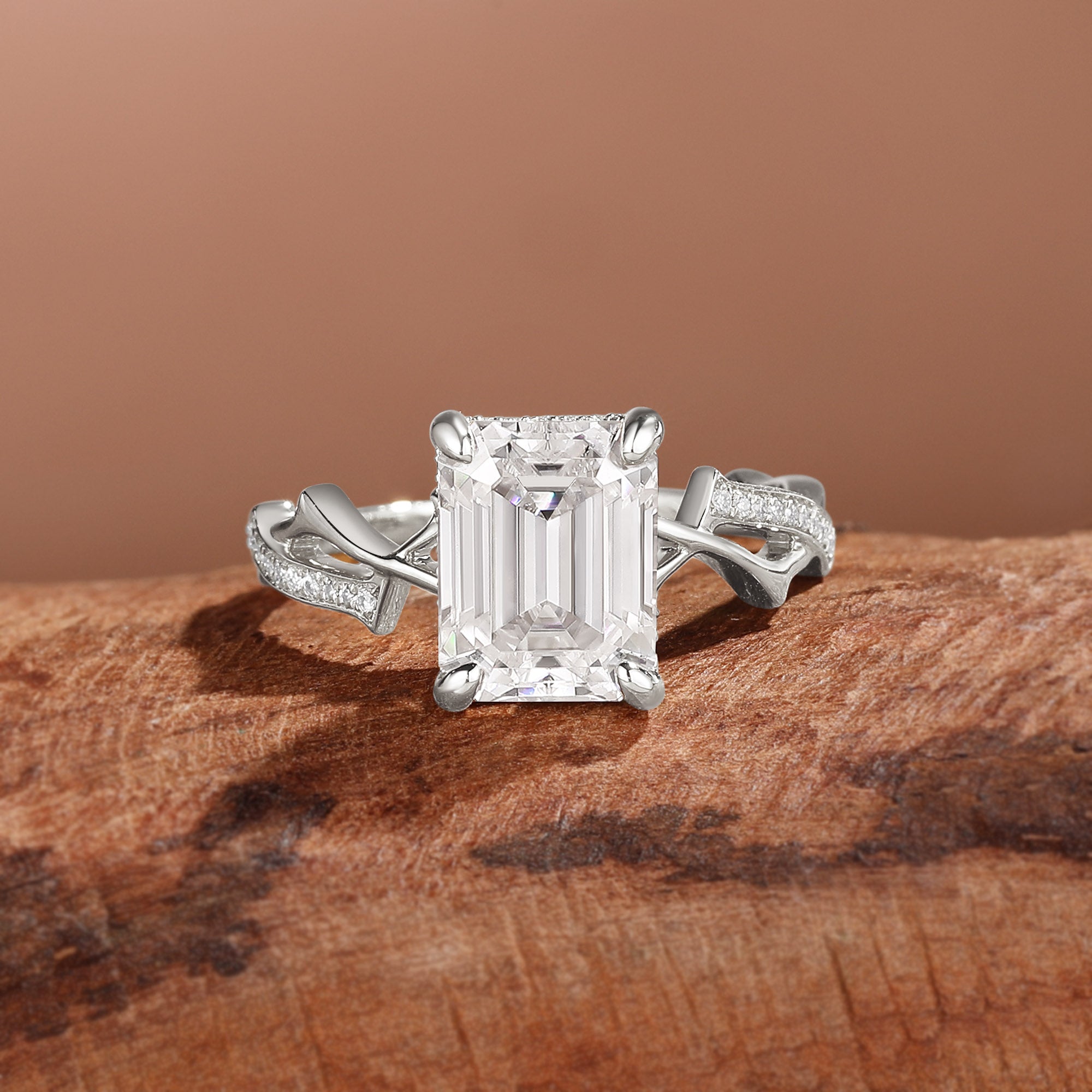 Emerald Cut Moissanite Twisted Split Shank Pave Engagement Ring - Quinn