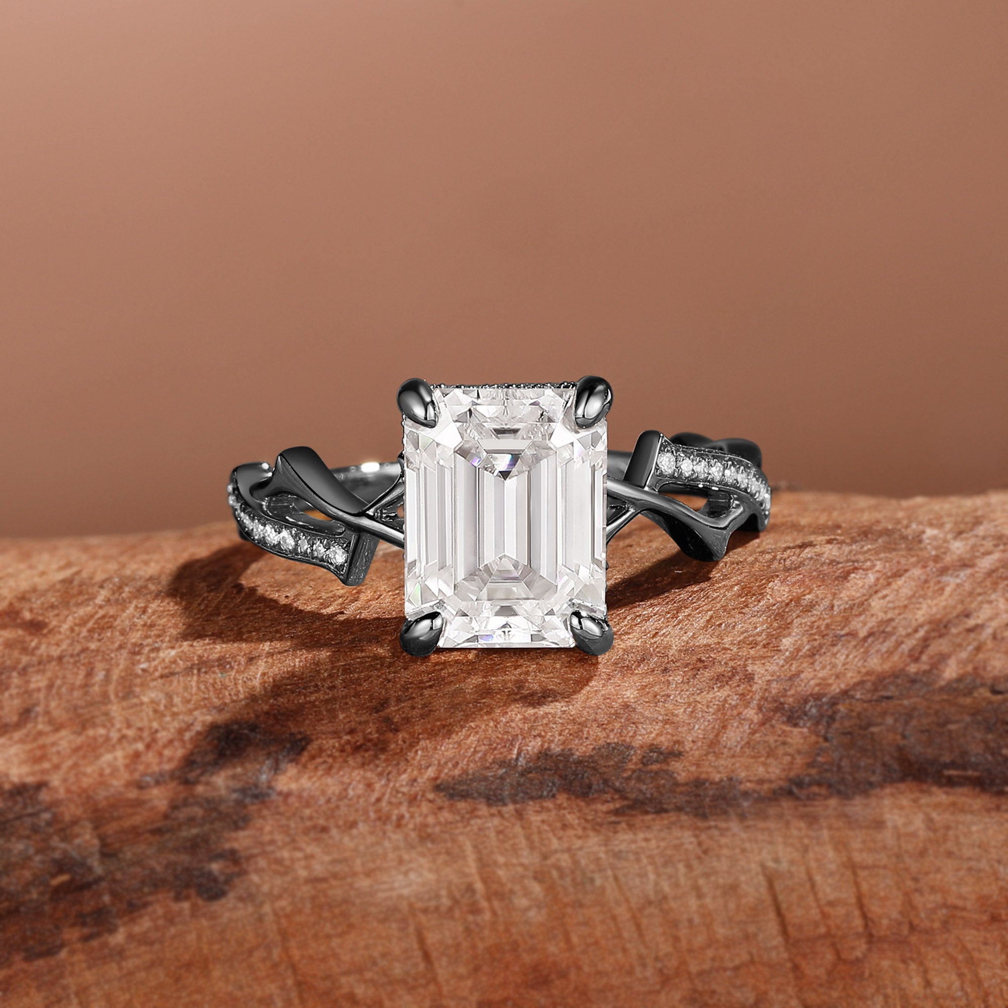 Emerald Cut Moissanite Twisted Split Shank Pave Engagement Ring - Quinn