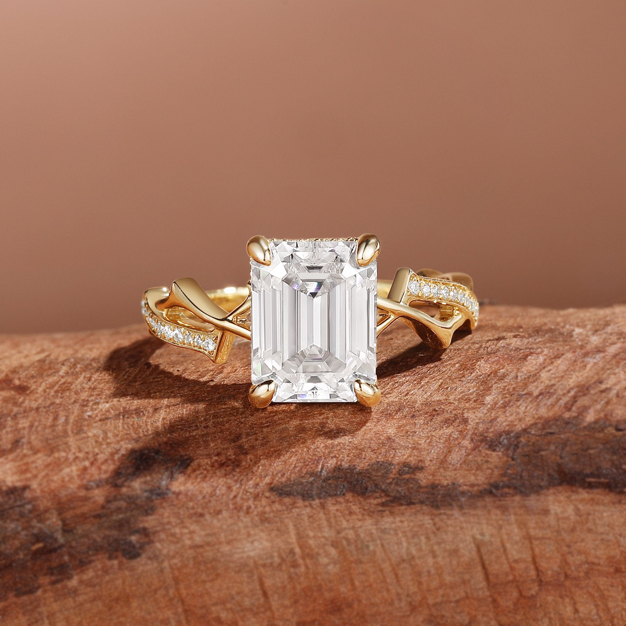 Emerald Cut Moissanite Twisted Split Shank Pave Engagement Ring - Quinn