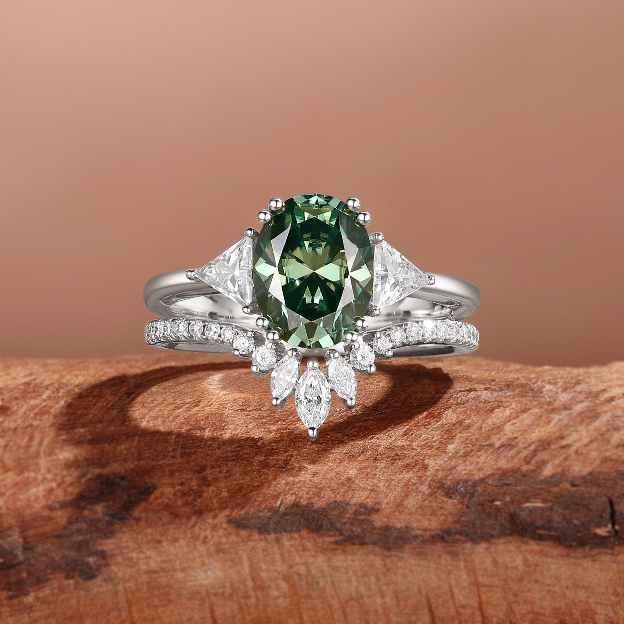 Three Stone Oval Cut Green Moissanite Triangel Moissanite Bridal Set 2pcs - Nerina