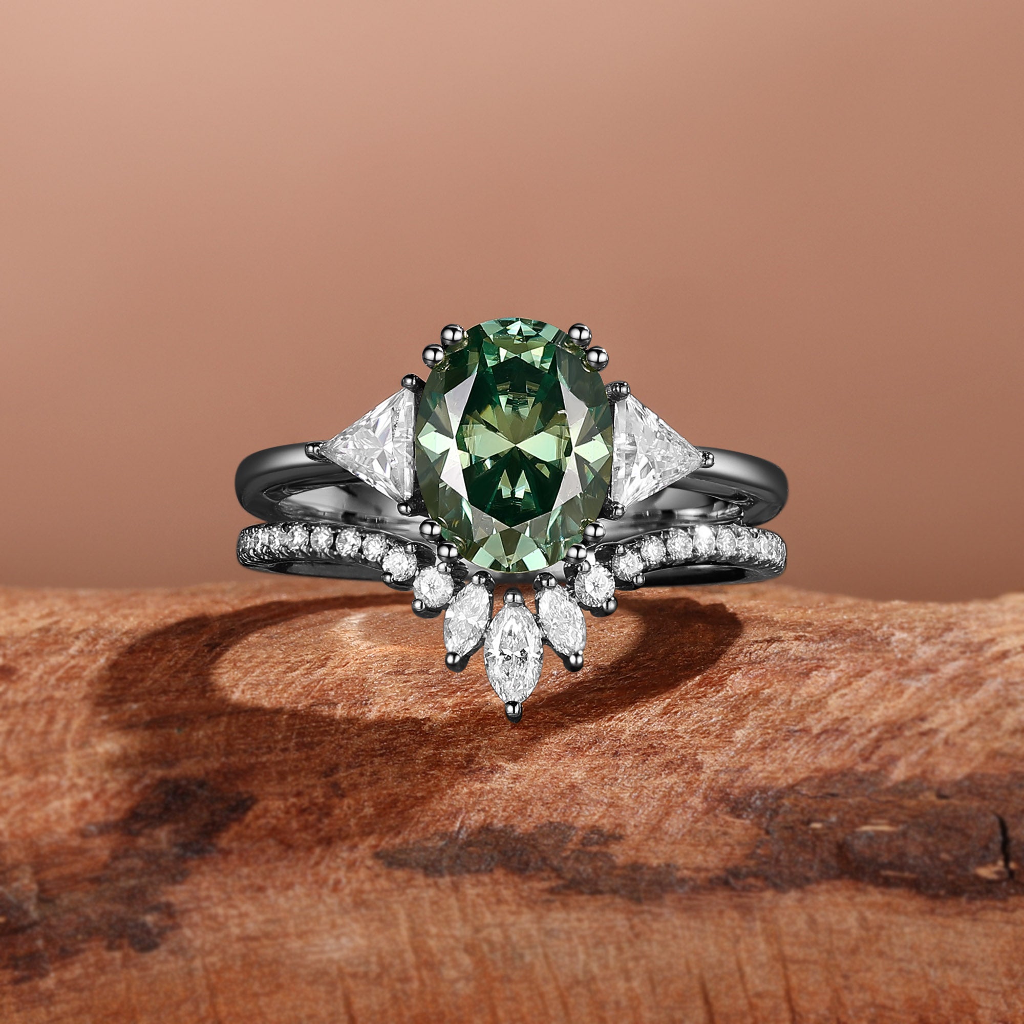 Three Stone Oval Cut Green Moissanite Triangel Moissanite Bridal Set 2pcs - Nerina