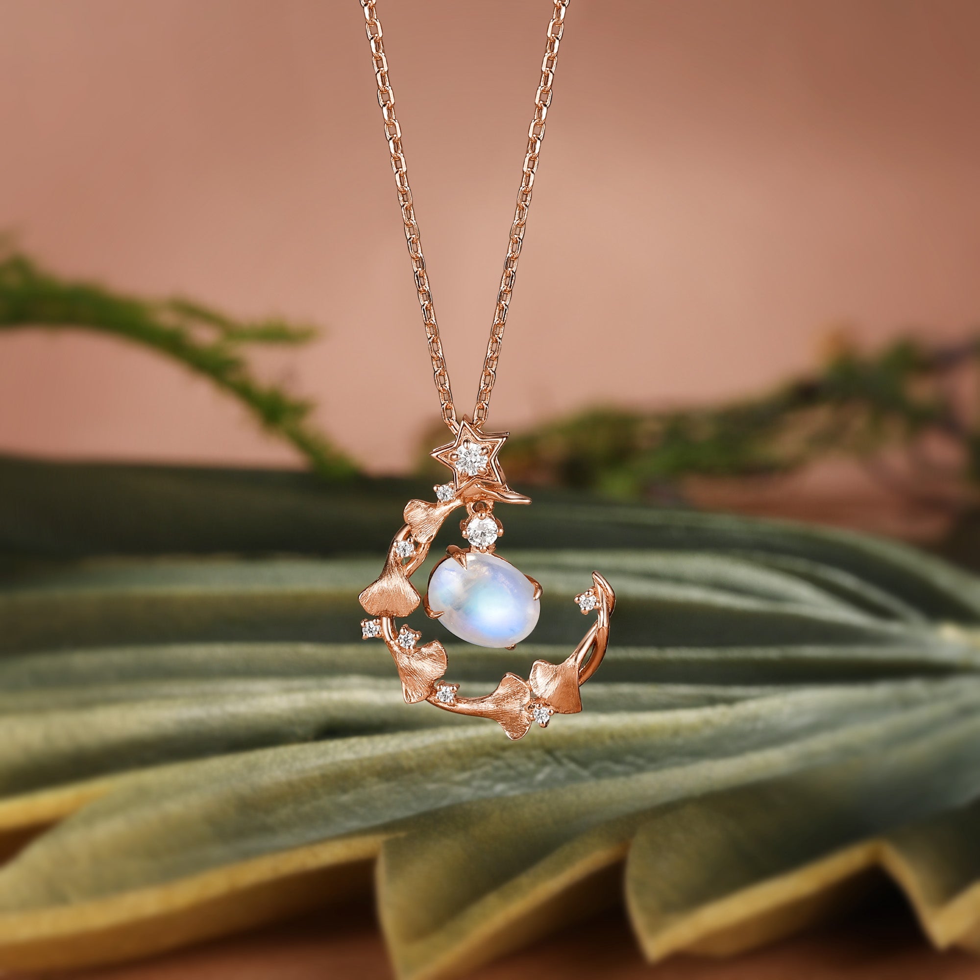 Ginkgo Leafy Oval Cut Moonstone Star Inspired Necklace