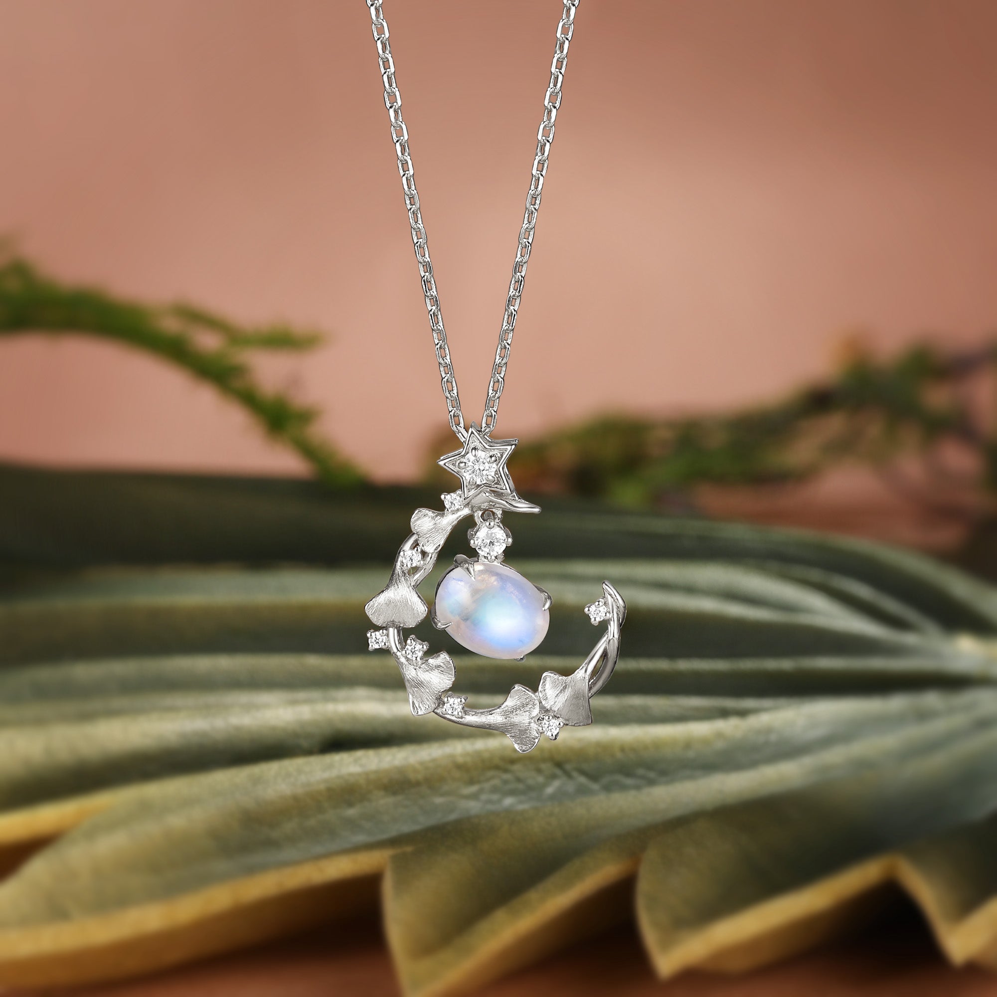 Ginkgo Leafy Oval Cut Moonstone Star Inspired Necklace