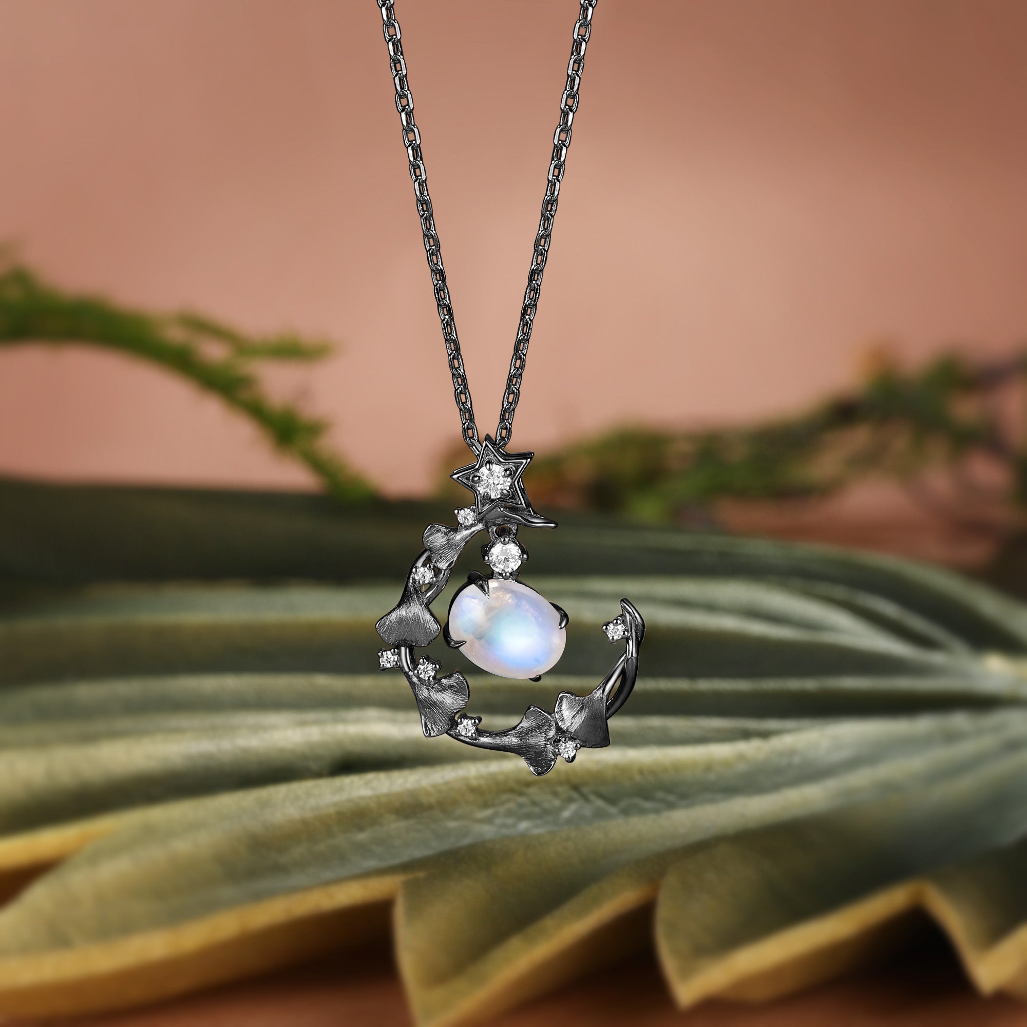 Ginkgo Leafy Oval Cut Moonstone Star Inspired Necklace