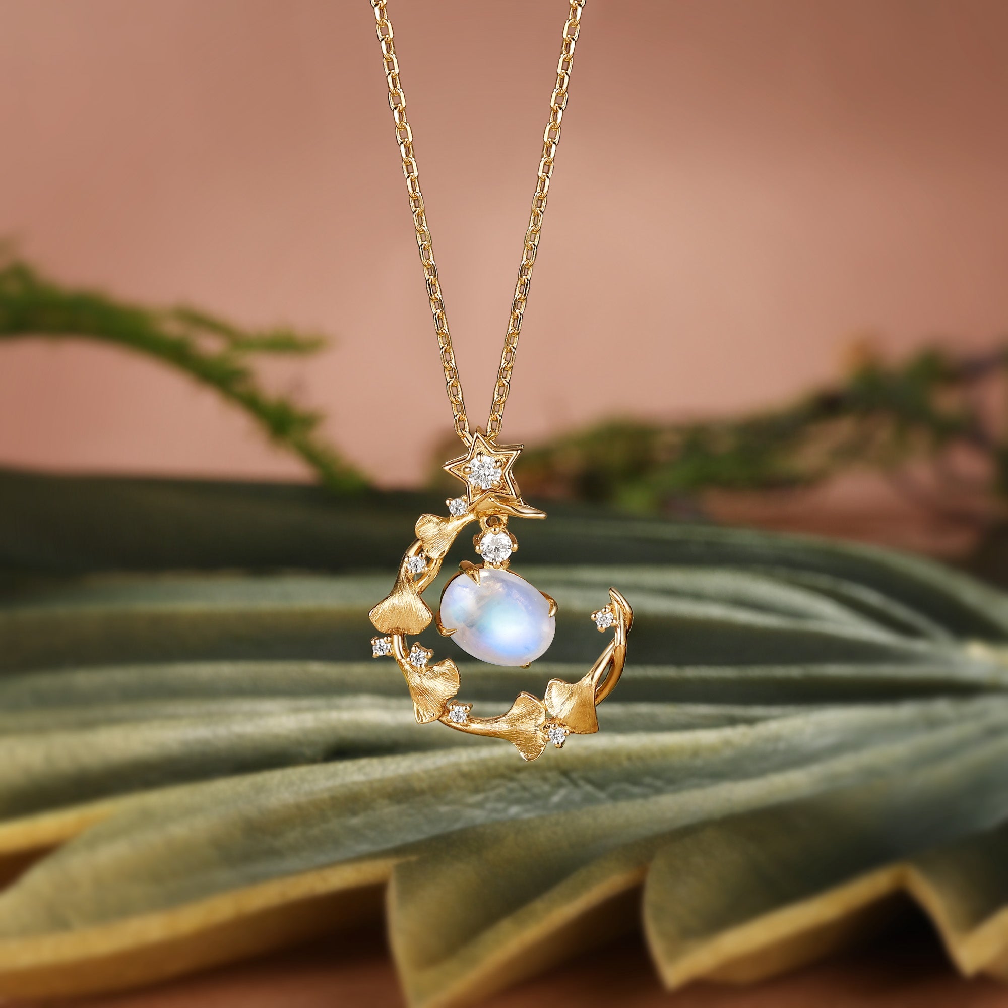 Ginkgo Leafy Oval Cut Moonstone Star Inspired Necklace