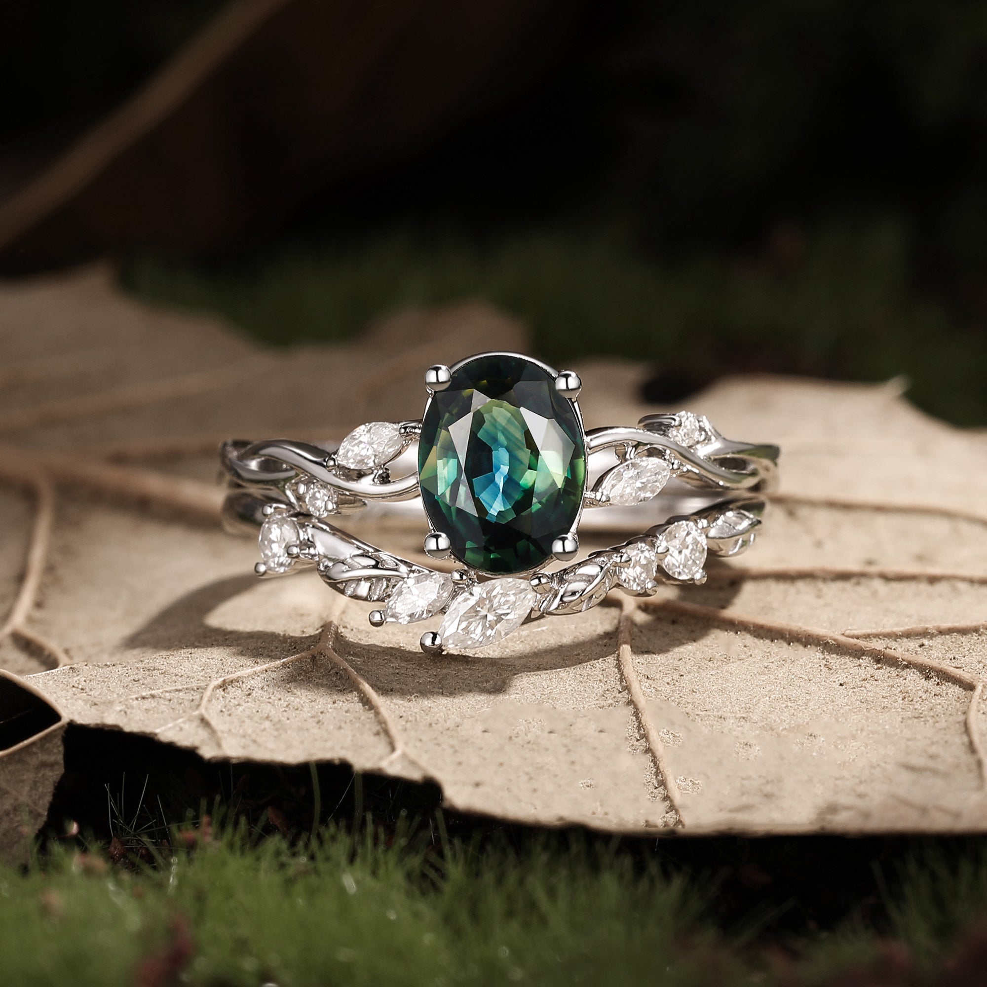 Coralie - Natural Blue Green Sapphire Leaf Engagement Ring Set 2pcs