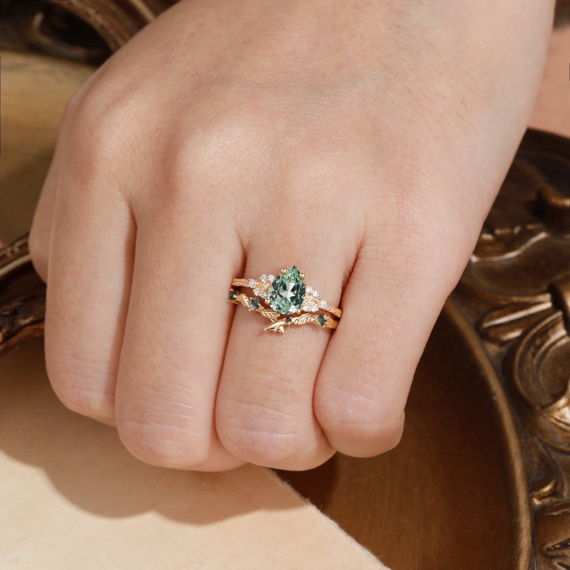 Nature Inspired Pear Cut Lab Green Sapphire Engagement Ring Set 2pcs - Hortense